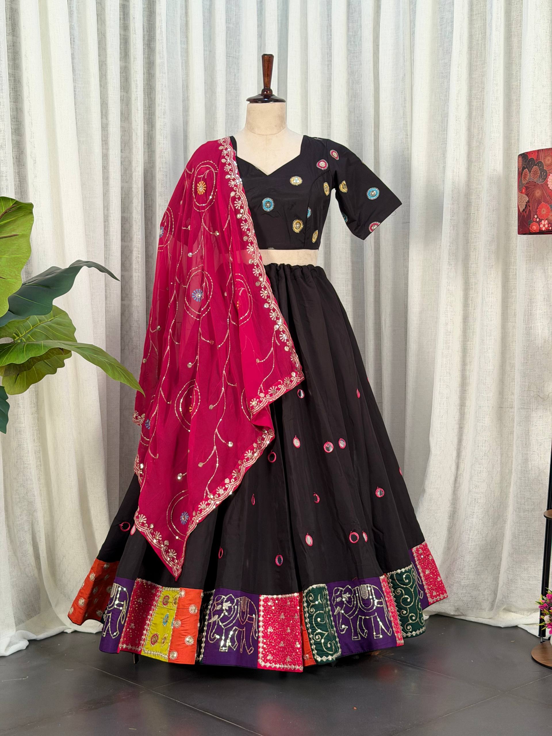 Black Pure Bluming Vichitra Silk Embroidery sequin Work Navratri Lehenga Choli