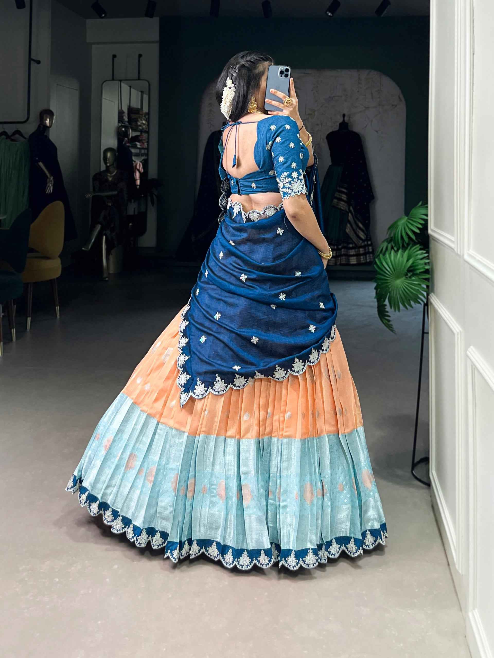 Orange Pure Kota Zari Weaving Work South Indian Lehenga Choli
