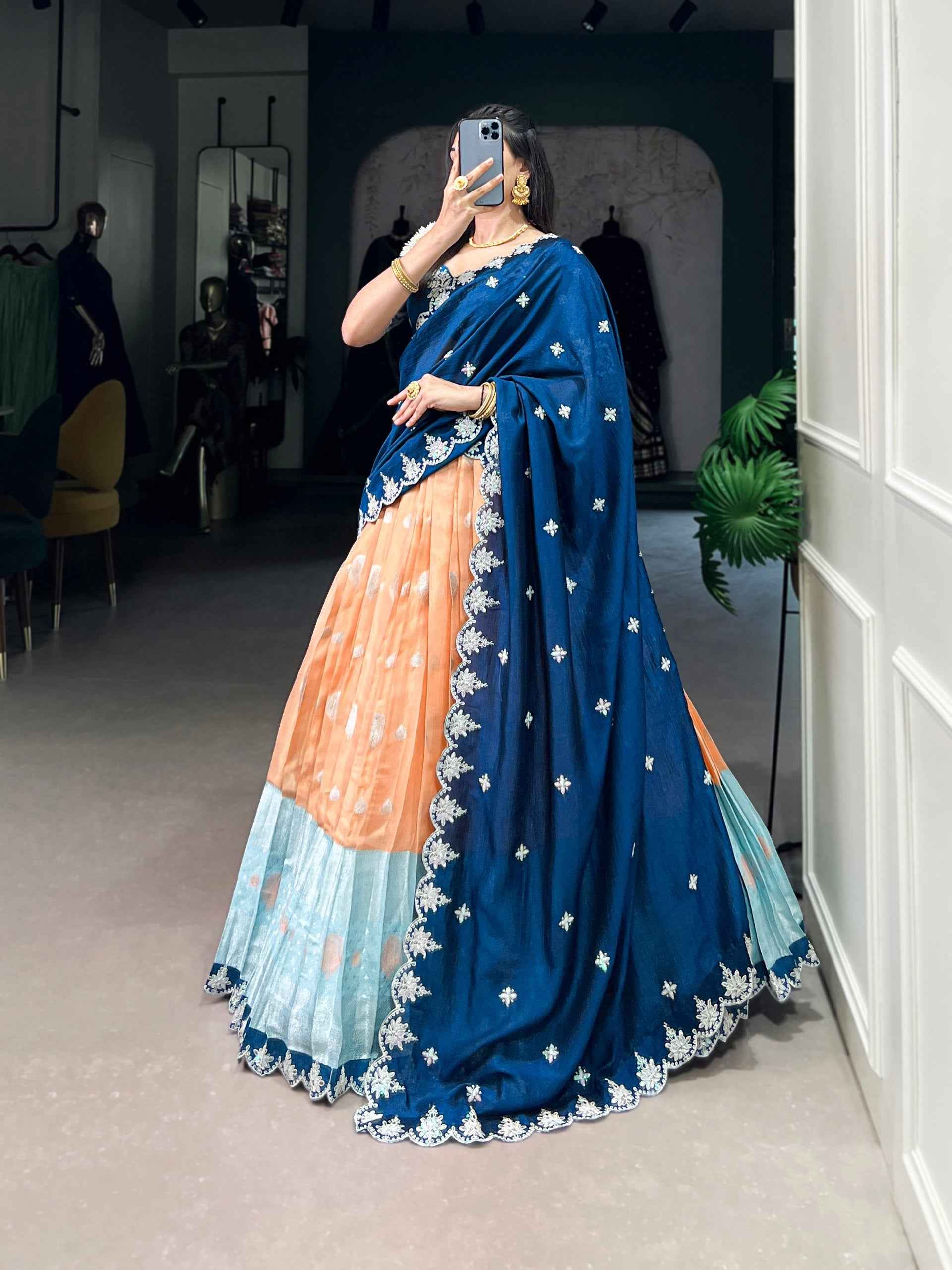 Orange Pure Kota Zari Weaving Work South Indian Lehenga Choli