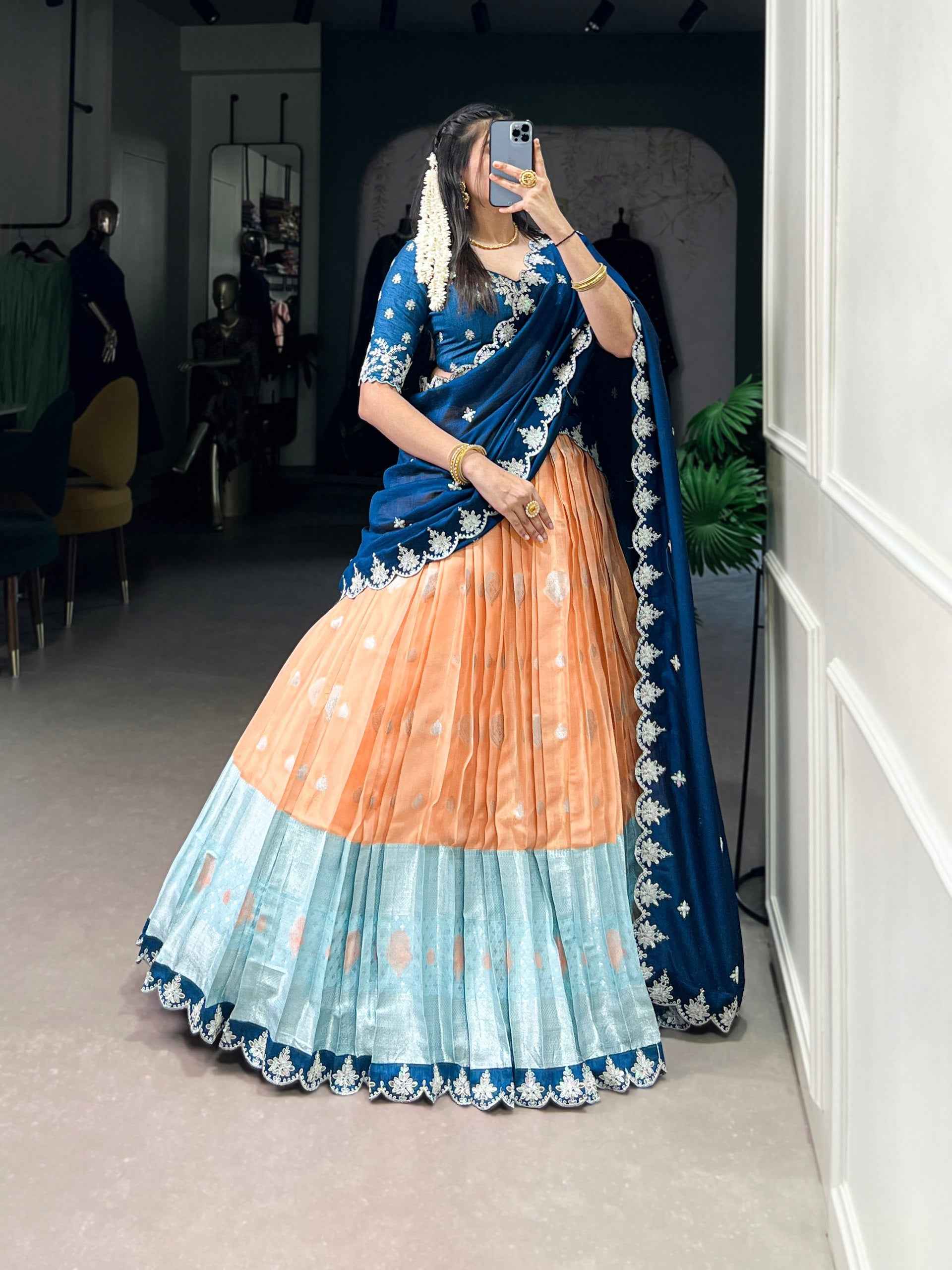 Orange Pure Kota Zari Weaving Work South Indian Lehenga Choli