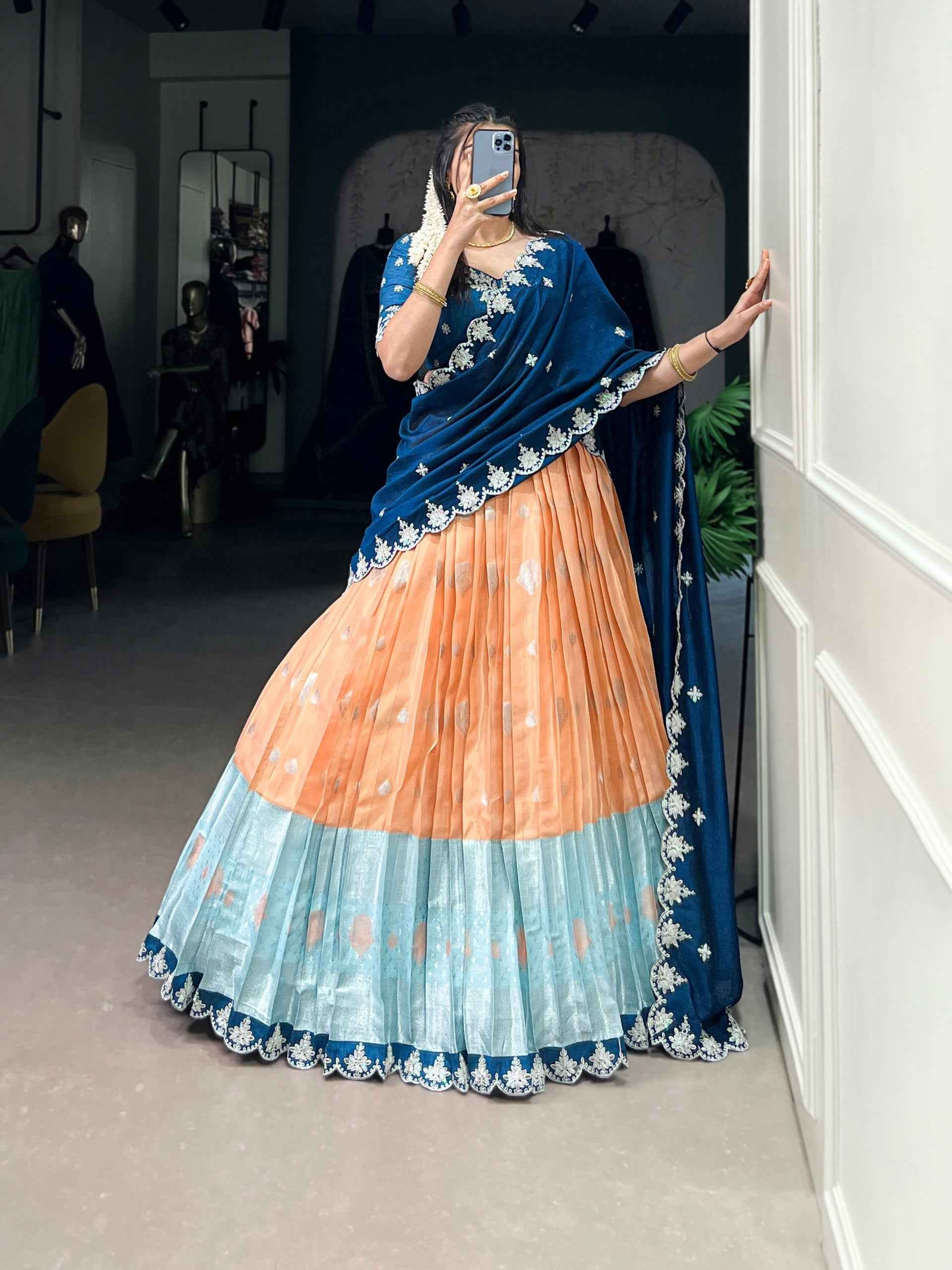 Orange Pure Kota Zari Weaving Work South Indian Lehenga Choli
