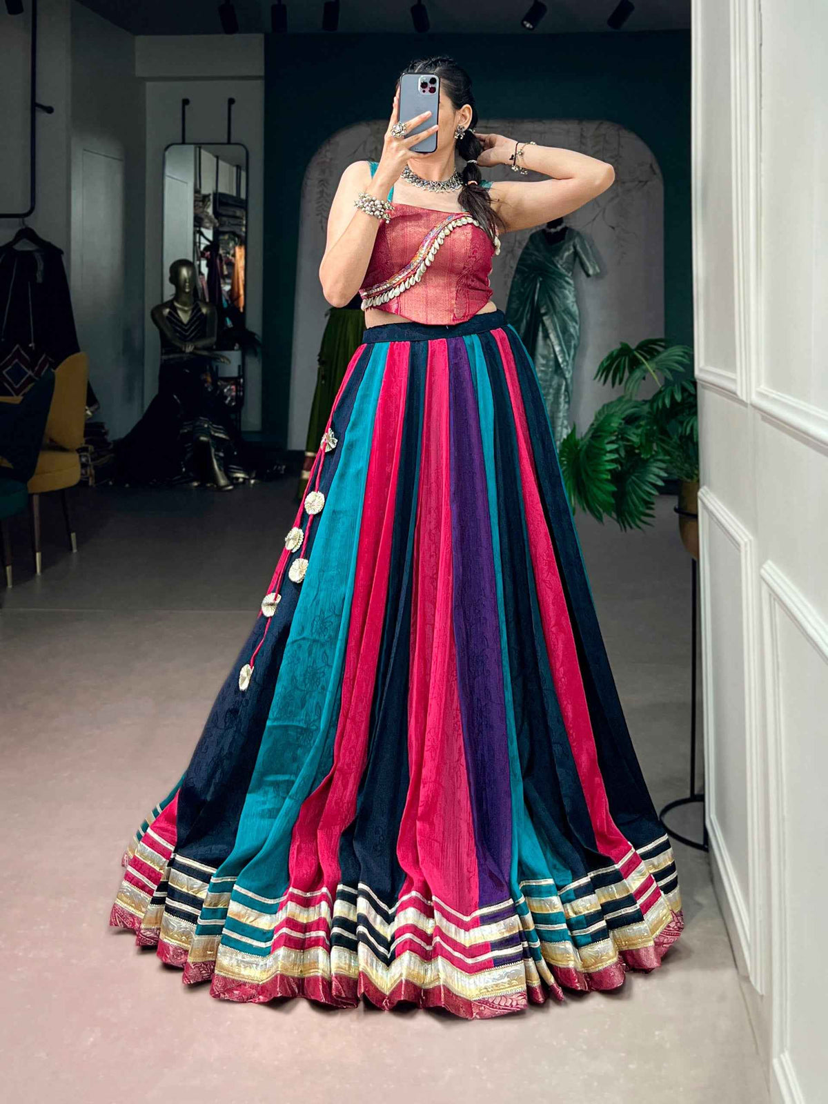 Multi Pure Rich Chinon Silk Kodi Lace Work Navratri Lehenga Choli