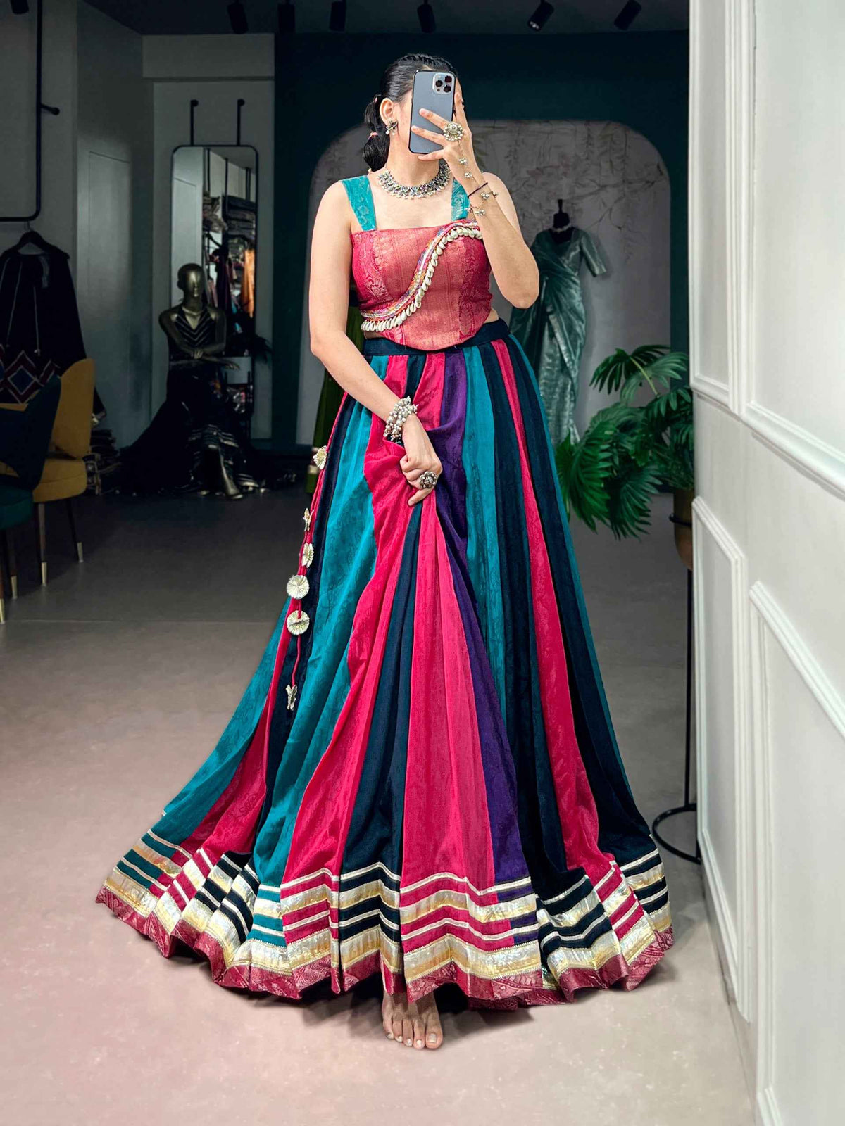 Multi Pure Rich Chinon Silk Kodi Lace Work Navratri Lehenga Choli