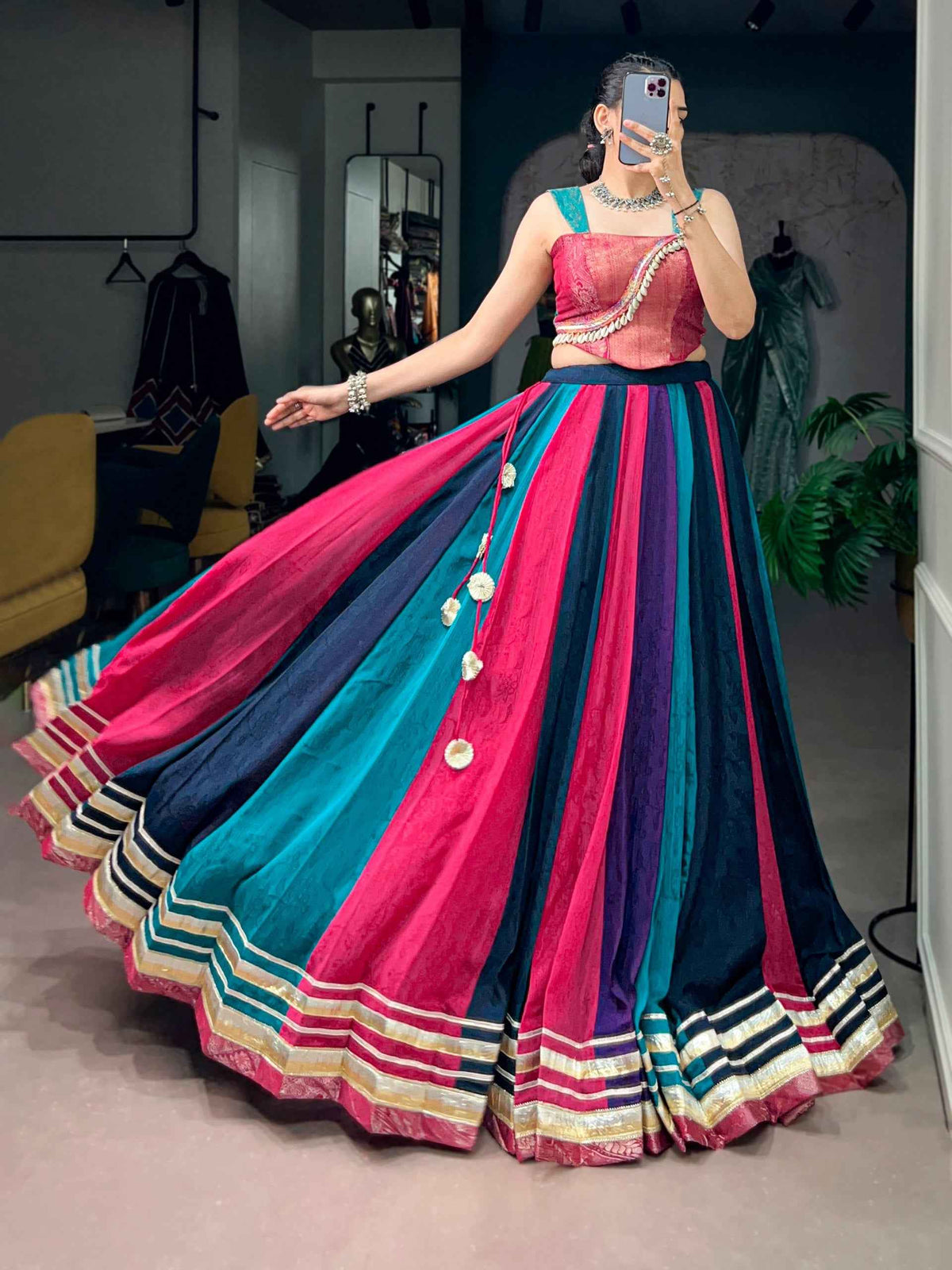 Multi Pure Rich Chinon Silk Kodi Lace Work Navratri Lehenga Choli