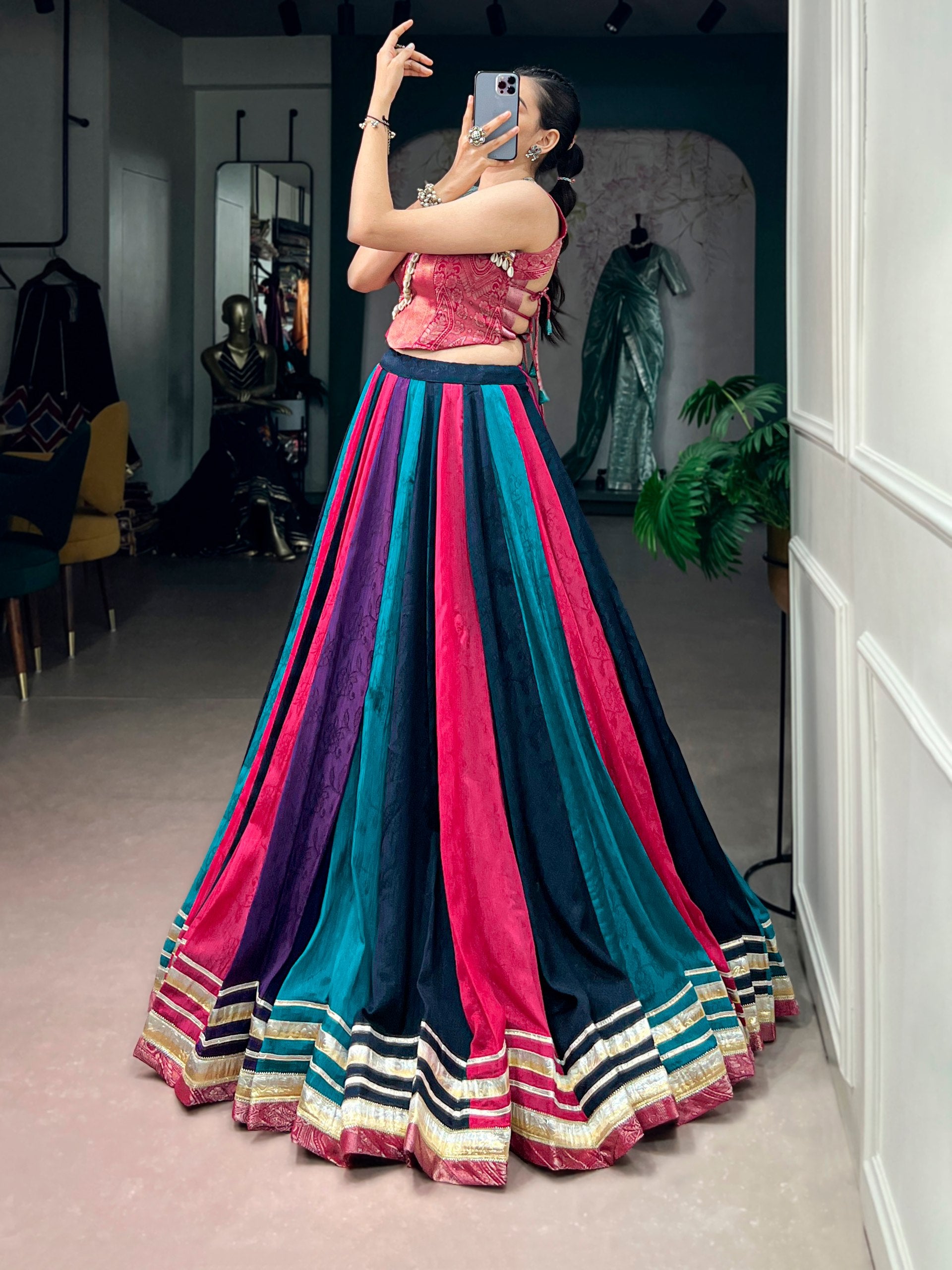Multi Pure Rich Chinon Silk Kodi Lace Work Navratri Lehenga Choli
