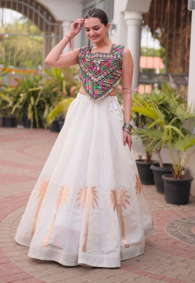 White Pure Roman With Attractive Coconut Gota Work Navratri Lehenga Choli