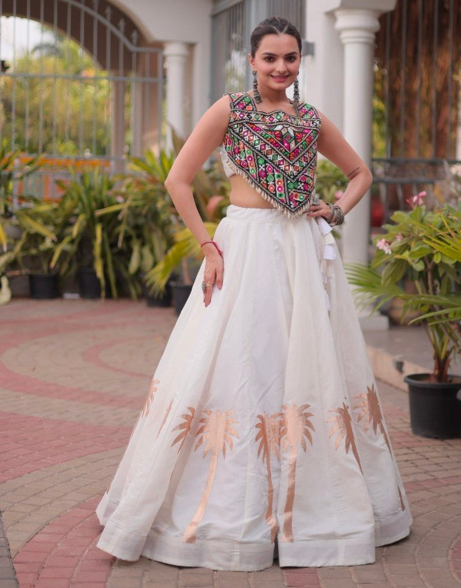 White Pure Roman With Attractive Coconut Gota Work Navratri Lehenga Choli