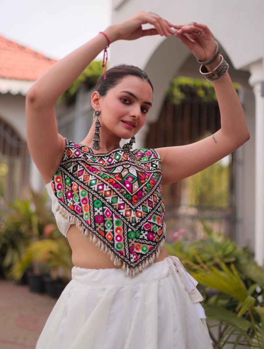 White Pure Roman With Attractive Coconut Gota Work Navratri Lehenga Choli