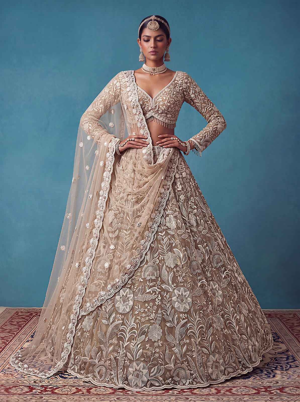 Golden Pure Heavy Net Flower Embroidery Pattern Handwork Sequins Thread Work Bridal Lehenga Choli