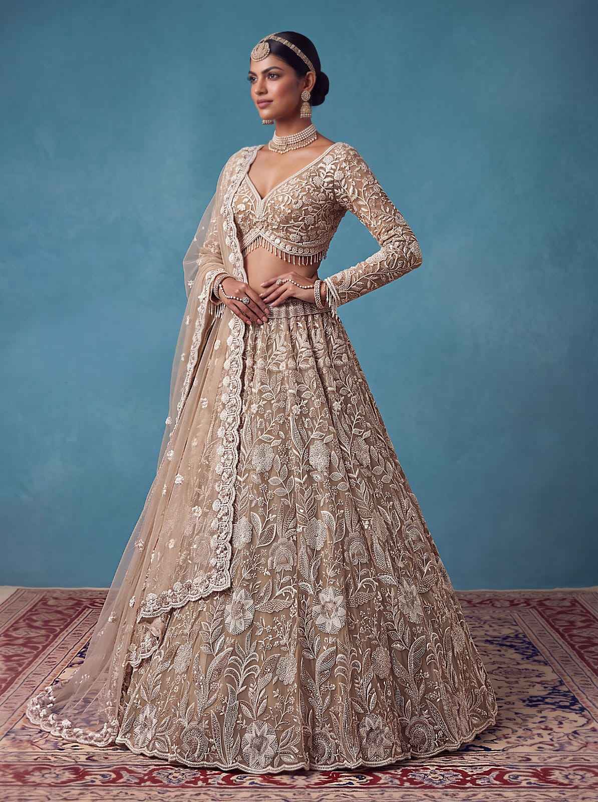 Golden Pure Heavy Net Flower Embroidery Pattern Handwork Sequins Thread Work Bridal Lehenga Choli
