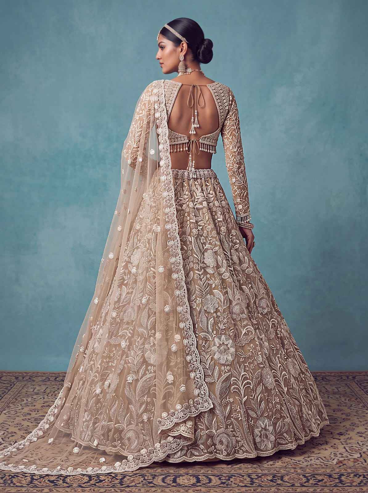 Golden Pure Heavy Net Flower Embroidery Pattern Handwork Sequins Thread Work Bridal Lehenga Choli