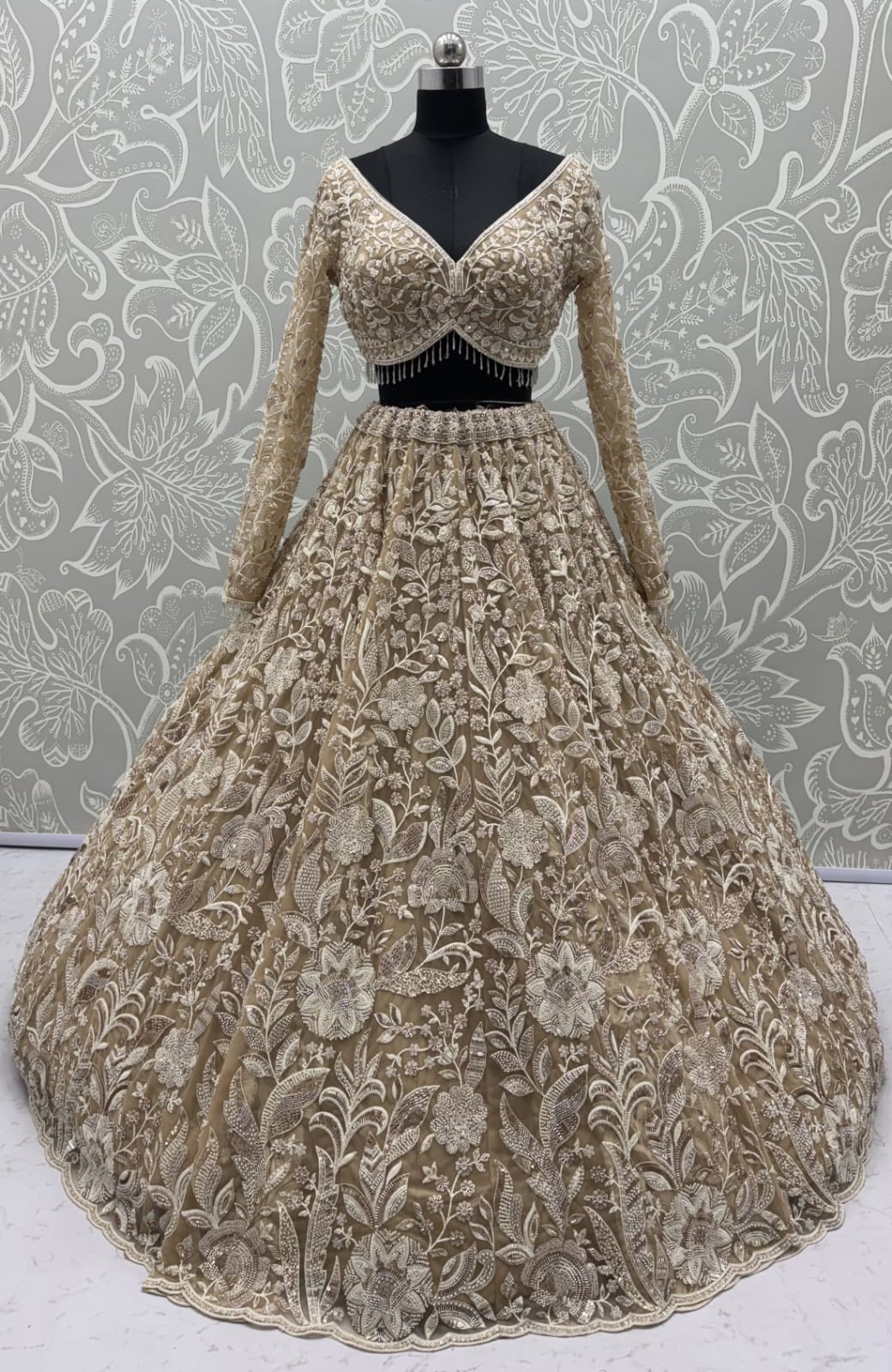 Golden Pure Heavy Net Flower Embroidery Pattern Handwork Sequins Thread Work Bridal Lehenga Choli