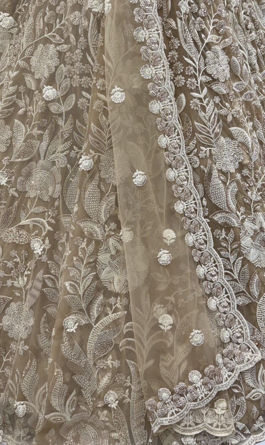 Golden Pure Heavy Net Flower Embroidery Pattern Handwork Sequins Thread Work Bridal Lehenga Choli