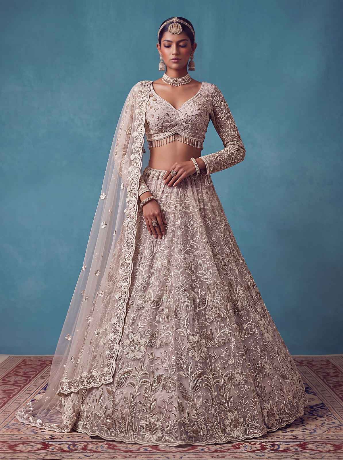 White Pure Heavy Net Flower Embroidery Pattern Handwork Sequins Thread Work Bridal Lehenga Choli