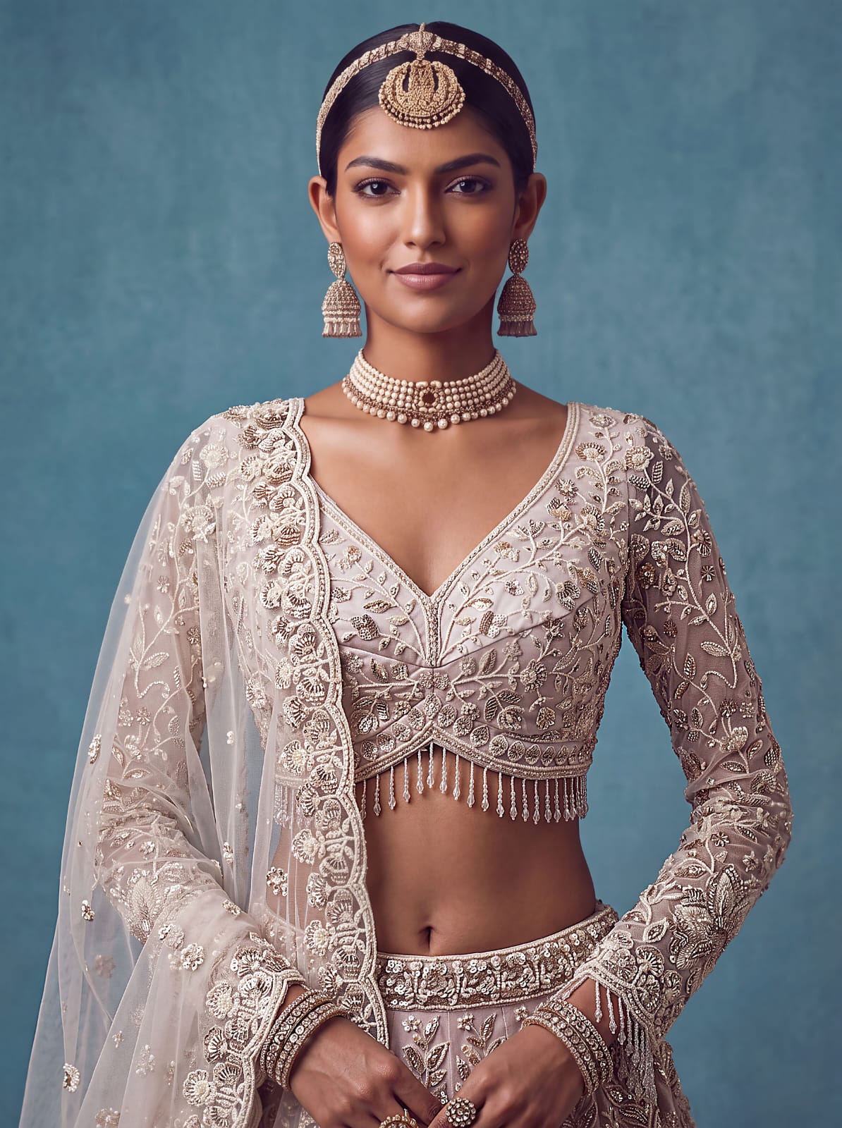 White Pure Heavy Net Flower Embroidery Pattern Handwork Sequins Thread Work Bridal Lehenga Choli