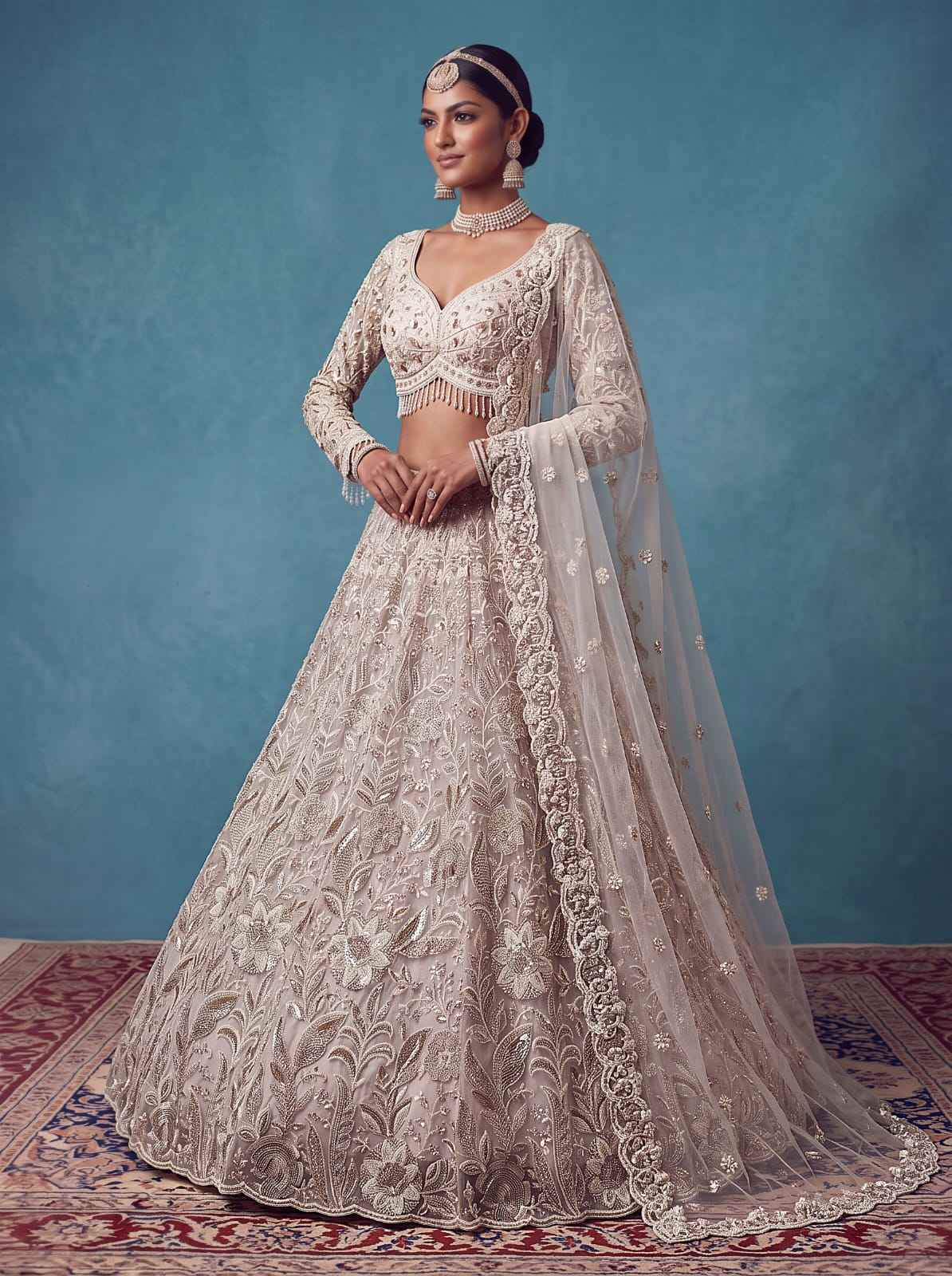 White Pure Heavy Net Flower Embroidery Pattern Handwork Sequins Thread Work Bridal Lehenga Choli