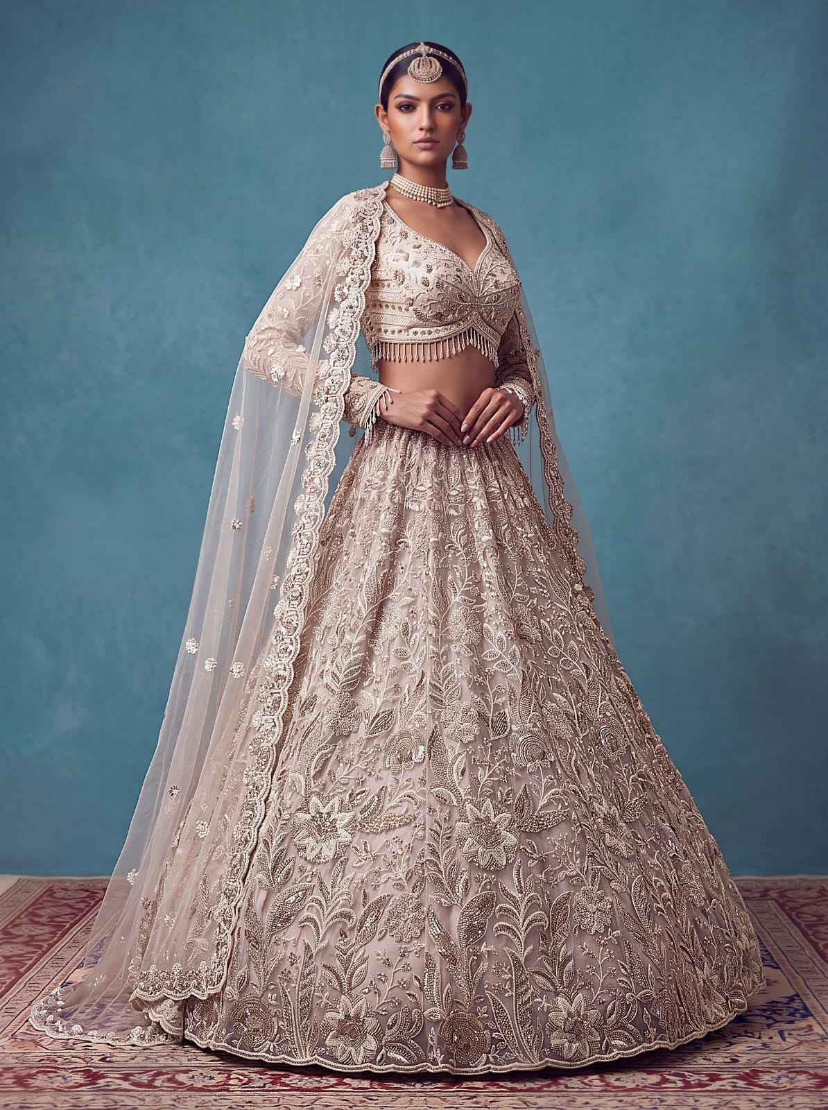 White Pure Heavy Net Flower Embroidery Pattern Handwork Sequins Thread Work Bridal Lehenga Choli