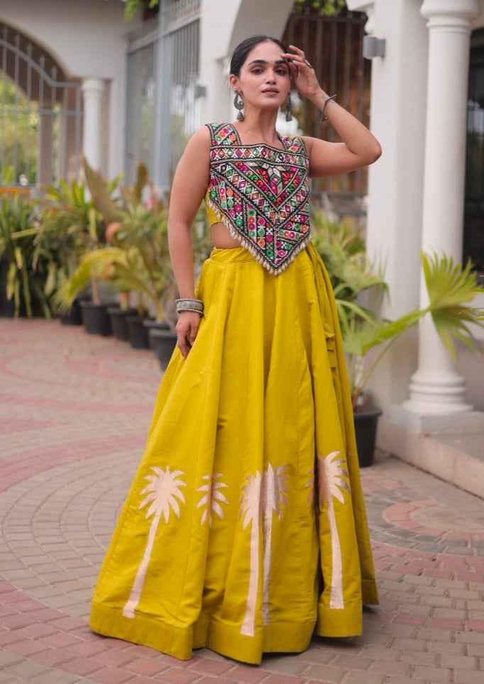 Mustard Pure Roman With Attractive Coconut Gota Work Navratri Lehenga Choli