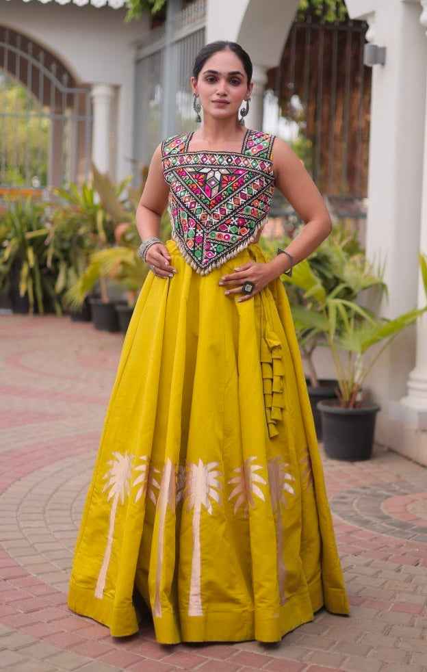 Mustard Pure Roman With Attractive Coconut Gota Work Navratri Lehenga Choli