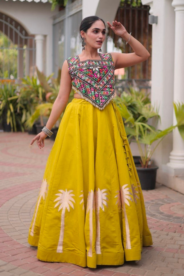Mustard Pure Roman With Attractive Coconut Gota Work Navratri Lehenga Choli