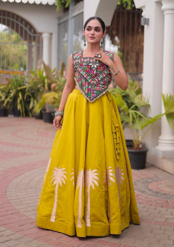 Mustard Pure Roman With Attractive Coconut Gota Work Navratri Lehenga Choli