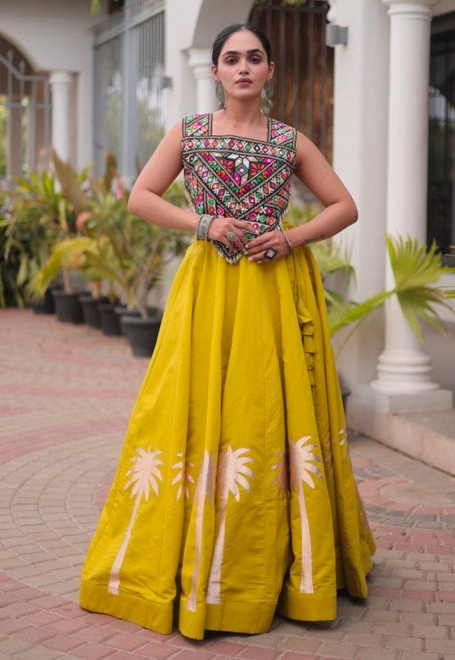 Mustard Pure Roman With Attractive Coconut Gota Work Navratri Lehenga Choli