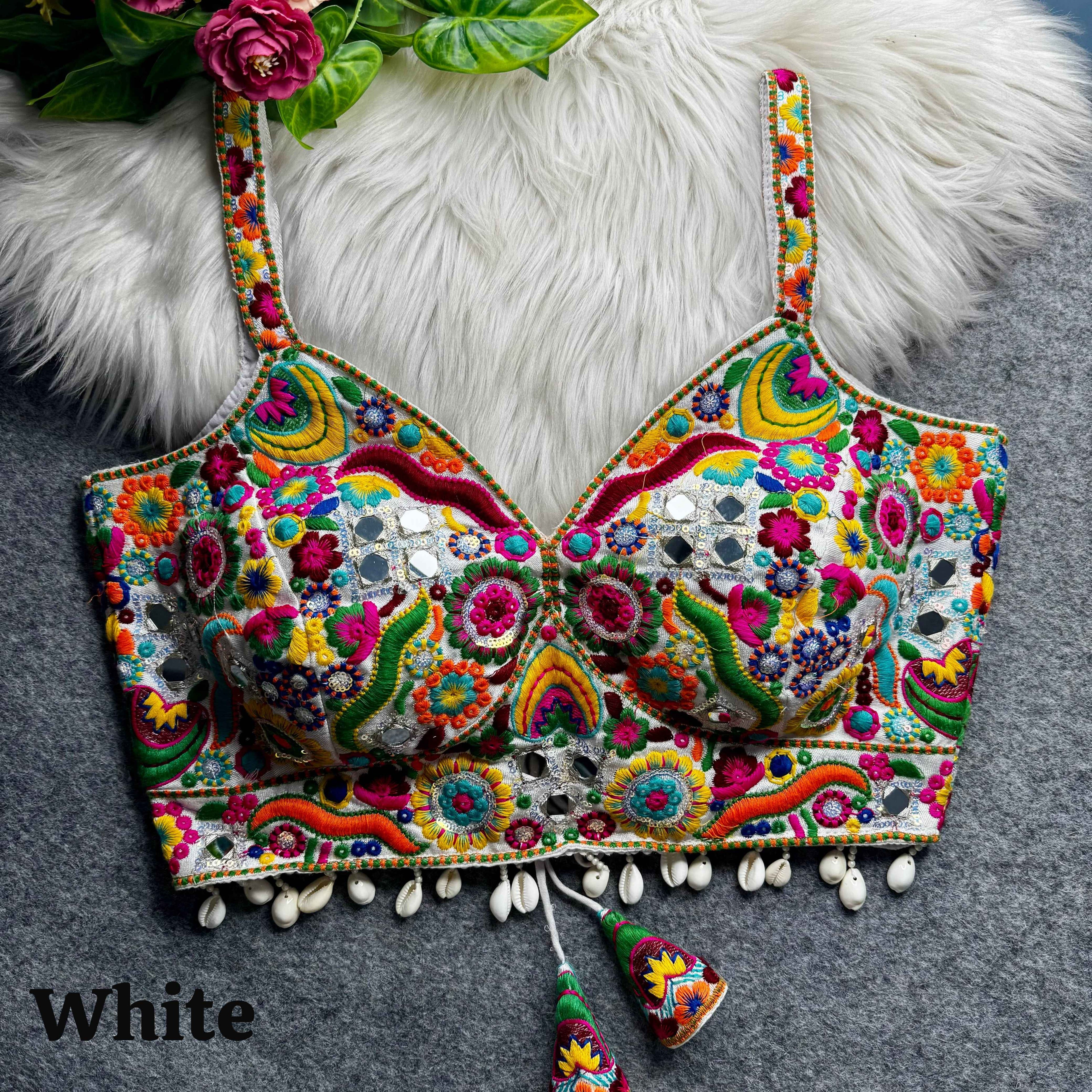 White Pure Heavy Italian Soft Silk Real Mirror Thread & Kaudi Work Navratri Blouse