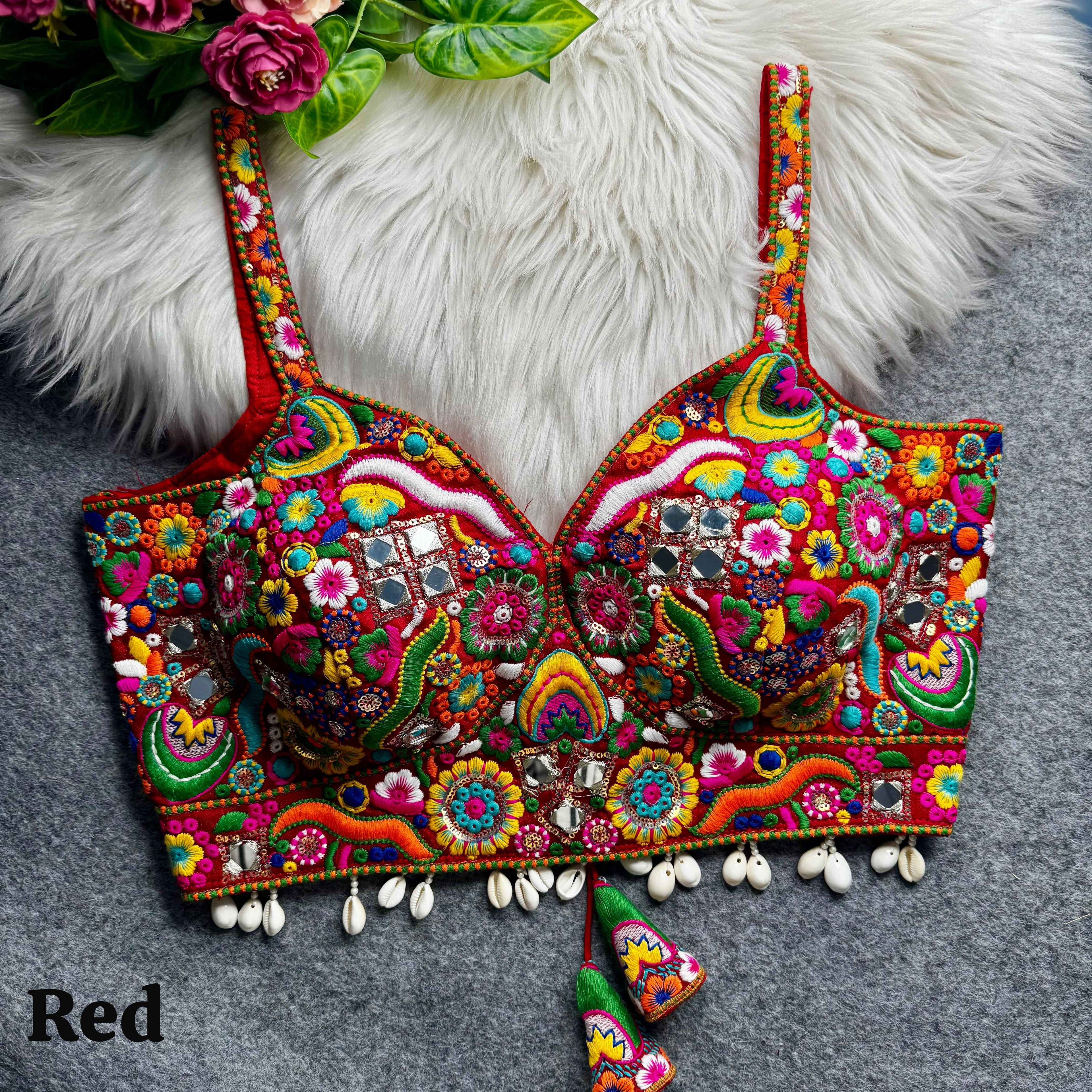 Red Pure Heavy Italian Soft Silk Real Mirror Thread & Kaudi Work Navratri Blouse