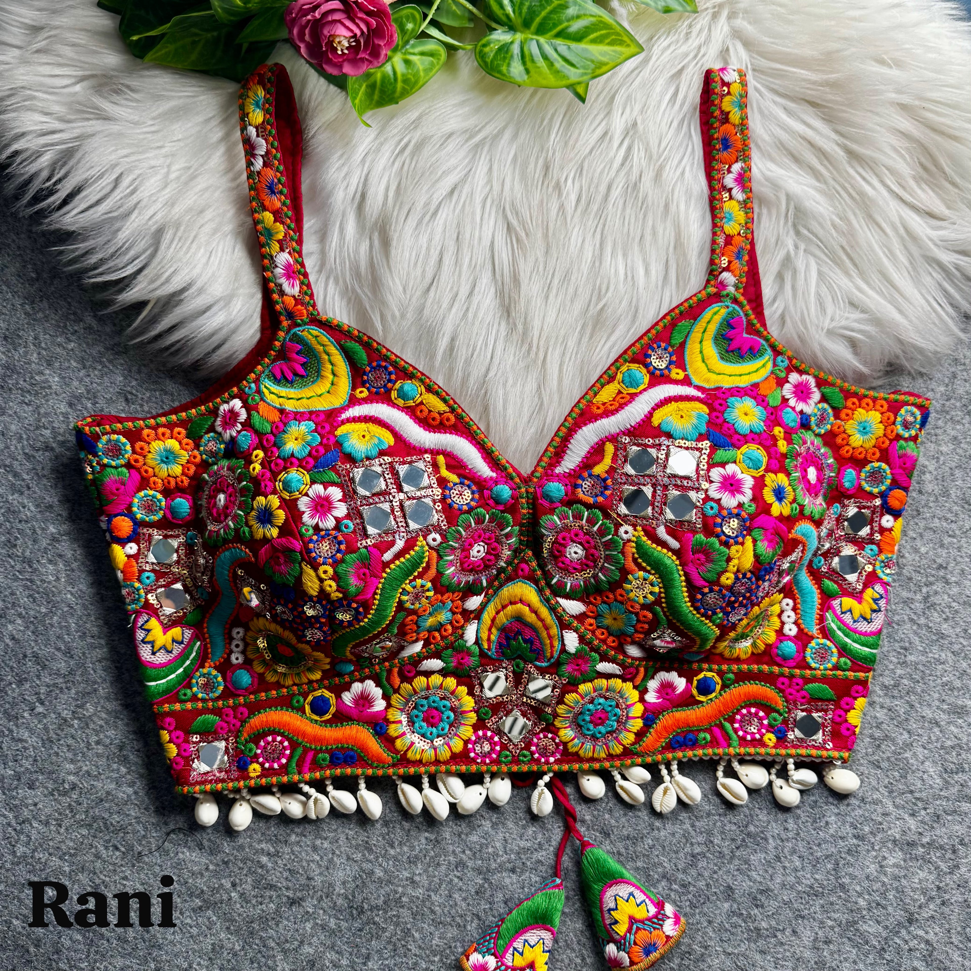 Rani Pure Heavy Italian Soft Silk Real Mirror Thread & Kaudi Work Navratri Blouse