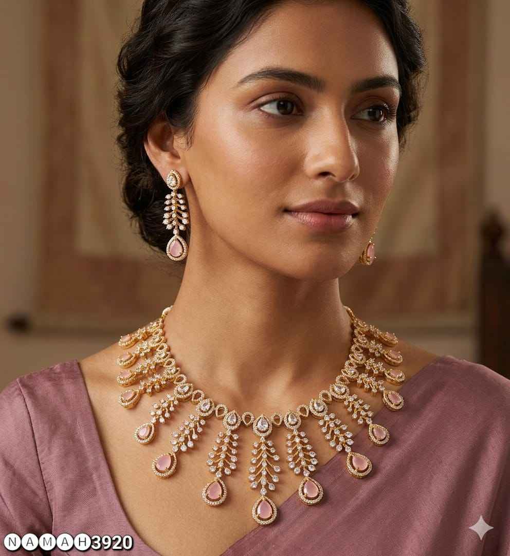 Pink American Diamond Necklace Set