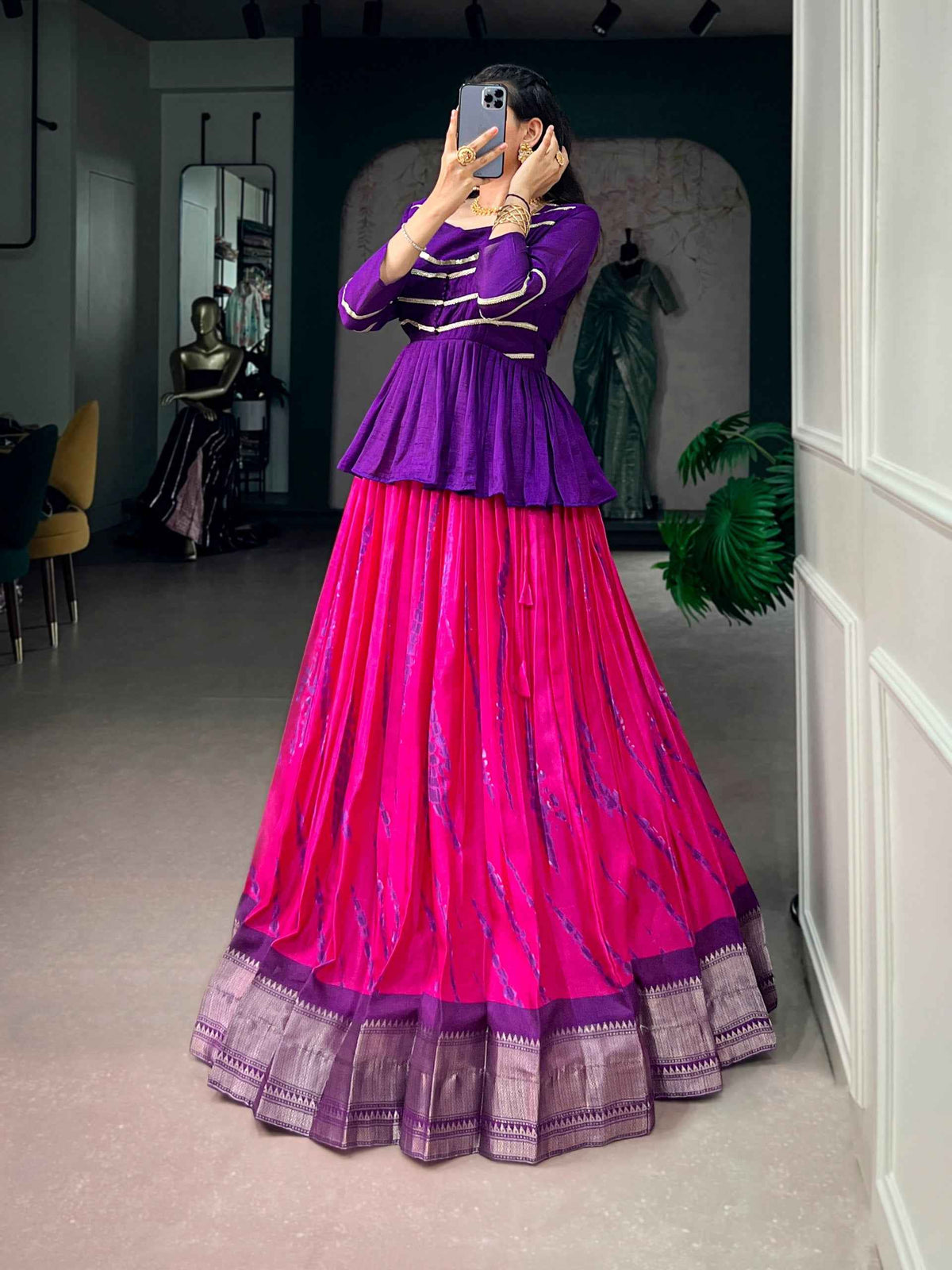 Pink Pure Dola Silk Shibori Print South Indian Lehenga Choli