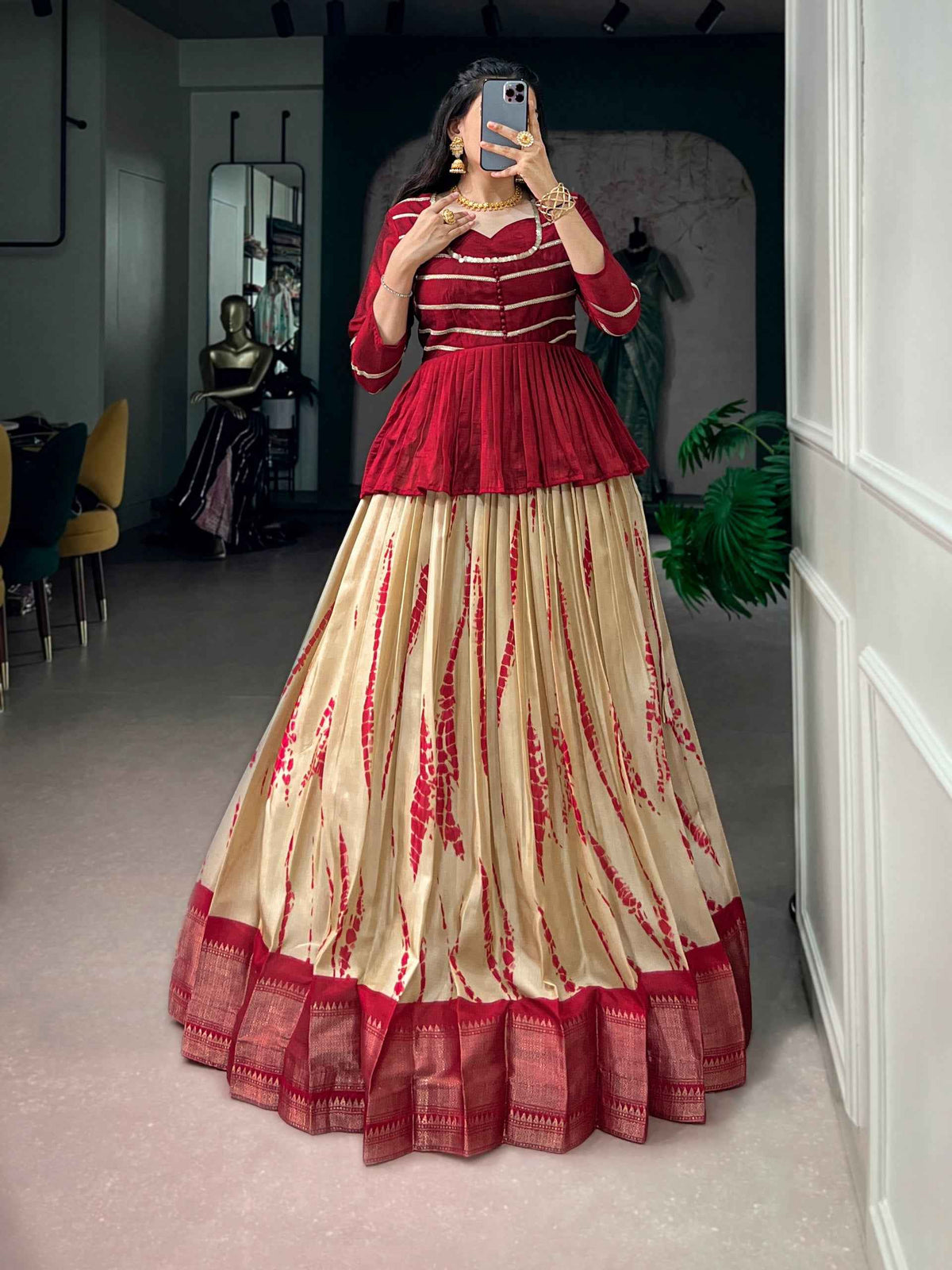 Cream Pure Dola Silk Shibori Print South Indian Lehenga Choli