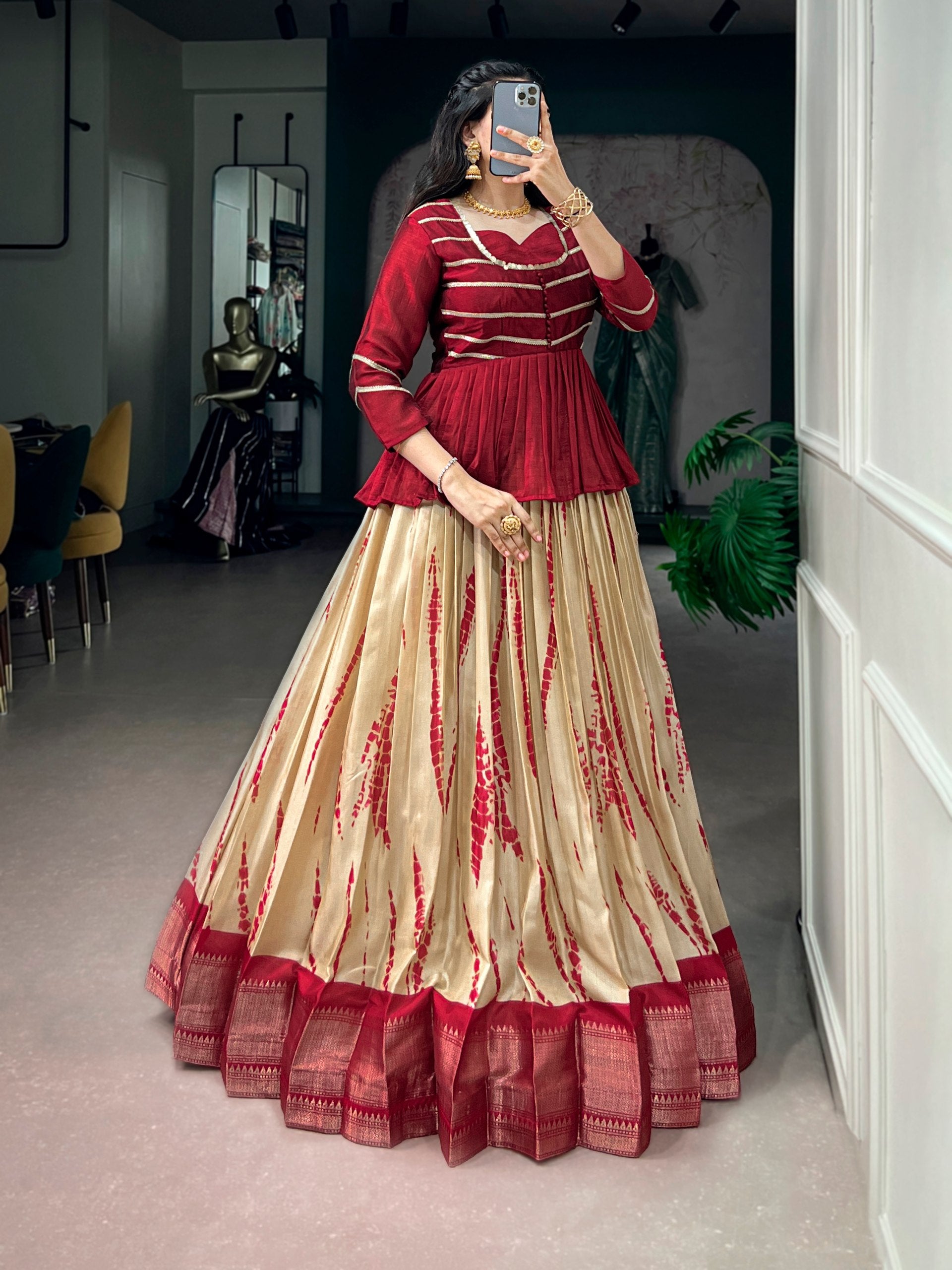 Cream Pure Dola Silk Shibori Print South Indian Lehenga Choli