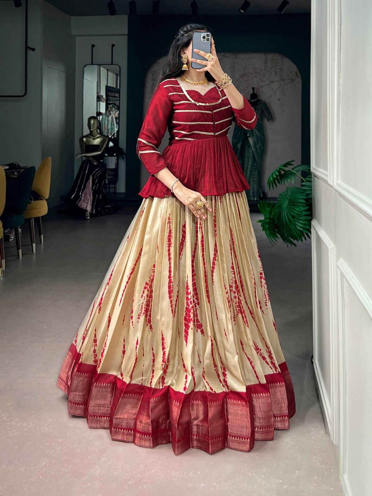 Cream Pure Dola Silk Shibori Print South Indian Lehenga Choli