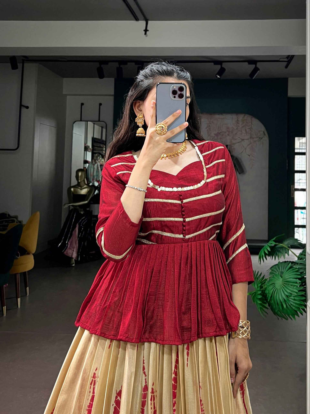Cream Pure Dola Silk Shibori Print South Indian Lehenga Choli