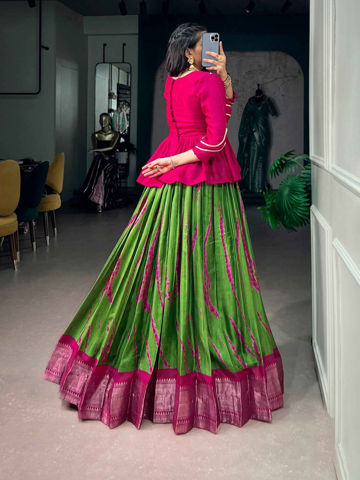 Green Pure Dola Silk Shibori Print South Indian Lehenga Choli