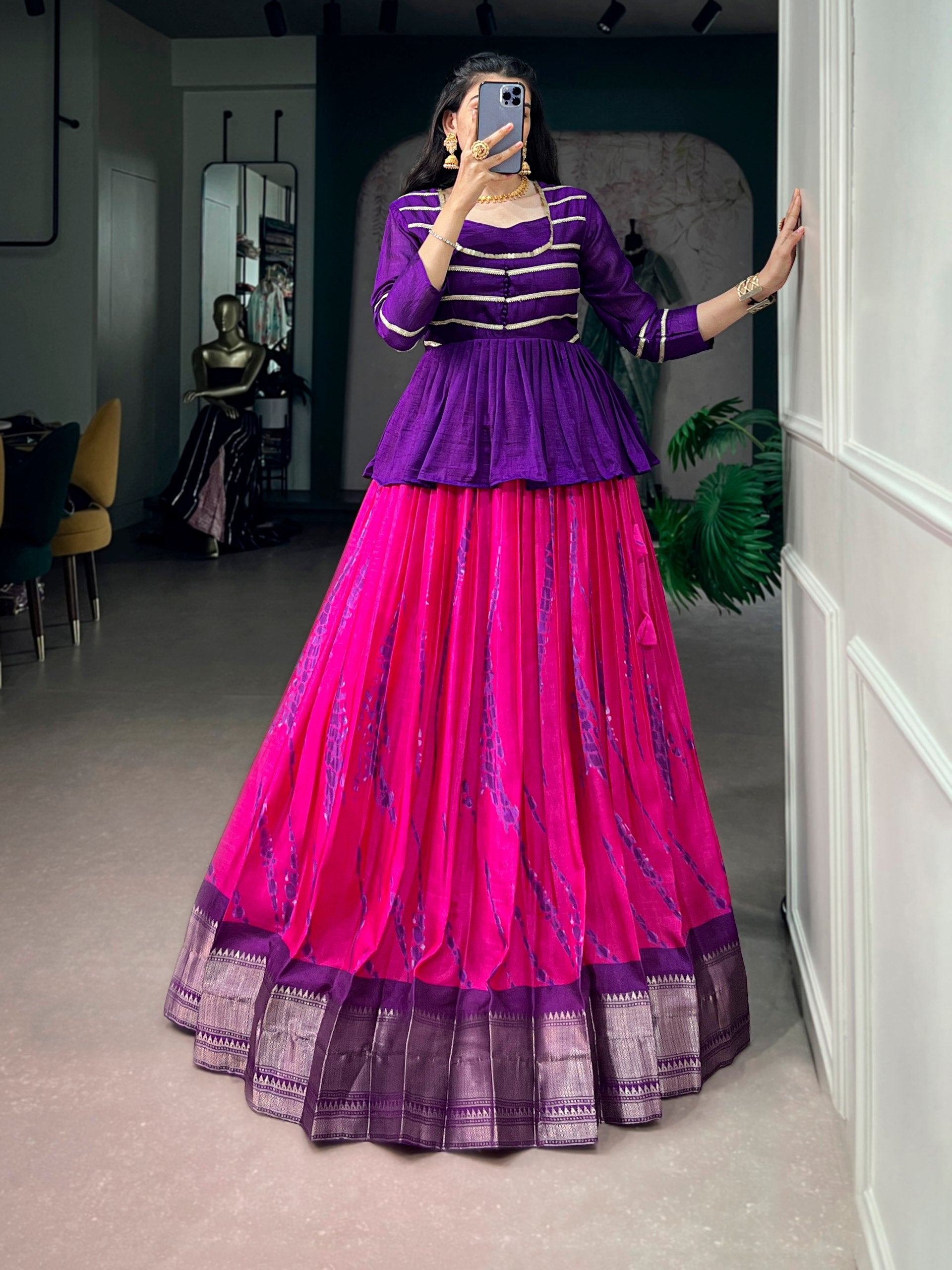 Pink Pure Dola Silk Shibori Print South Indian Lehenga Choli