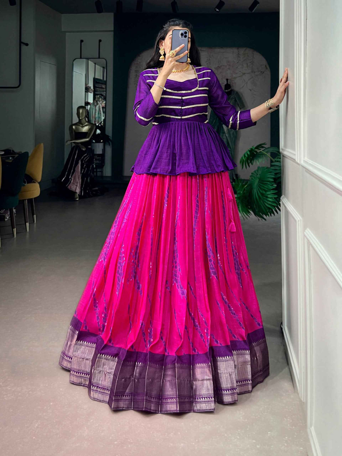 Pink Pure Dola Silk Shibori Print South Indian Lehenga Choli