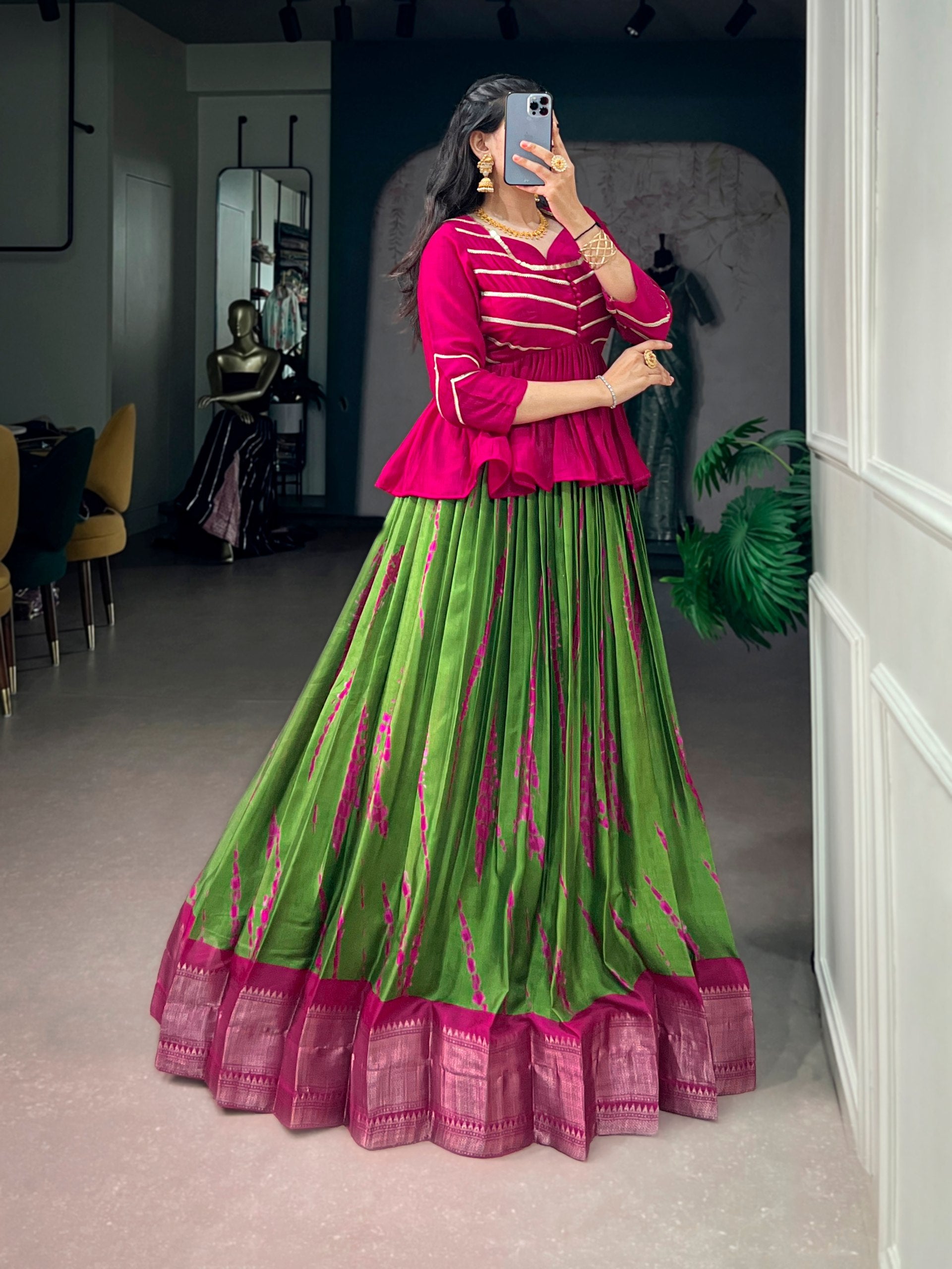 Green Pure Dola Silk Shibori Print South Indian Lehenga Choli