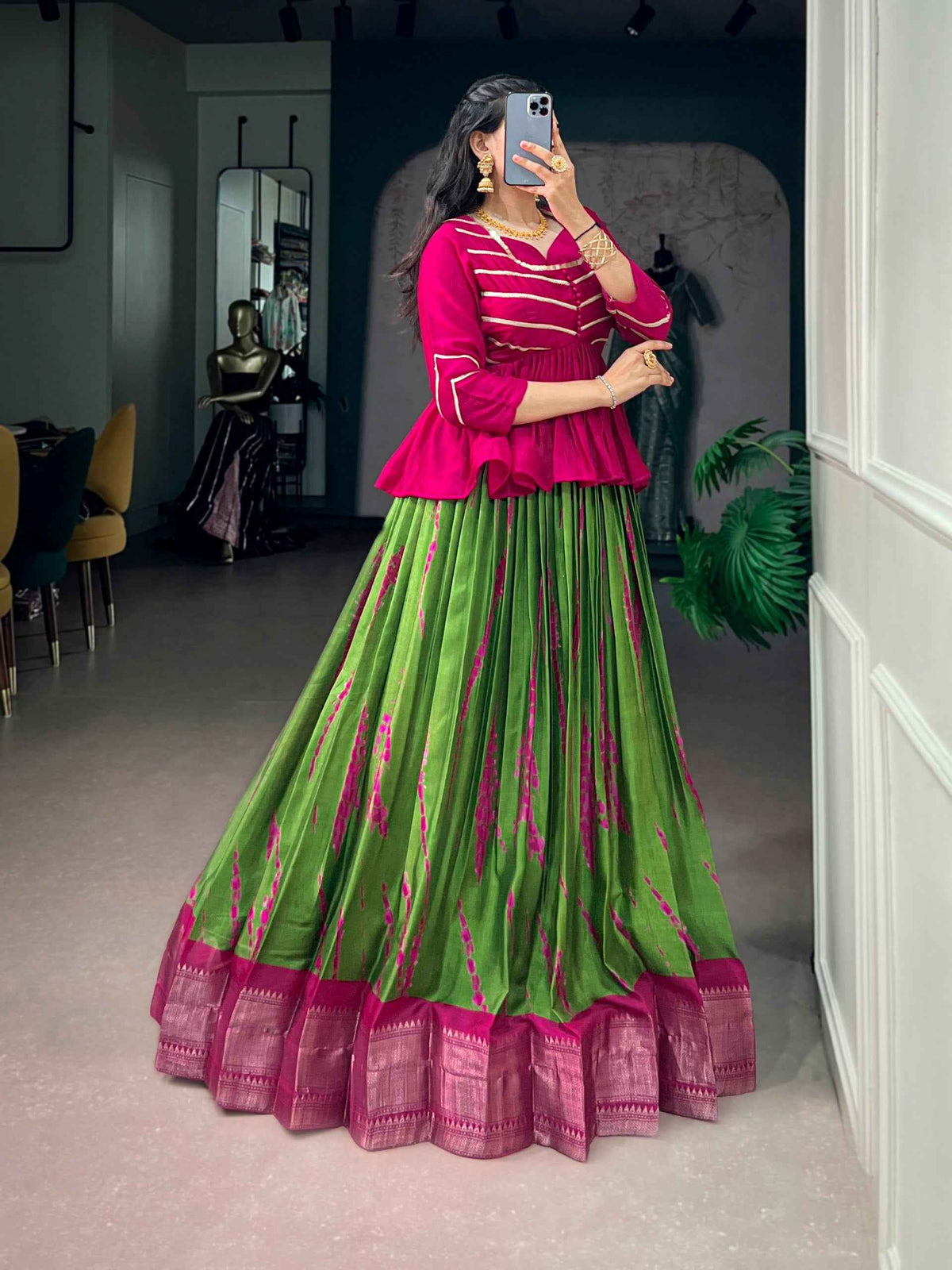 Green Pure Dola Silk Shibori Print South Indian Lehenga Choli