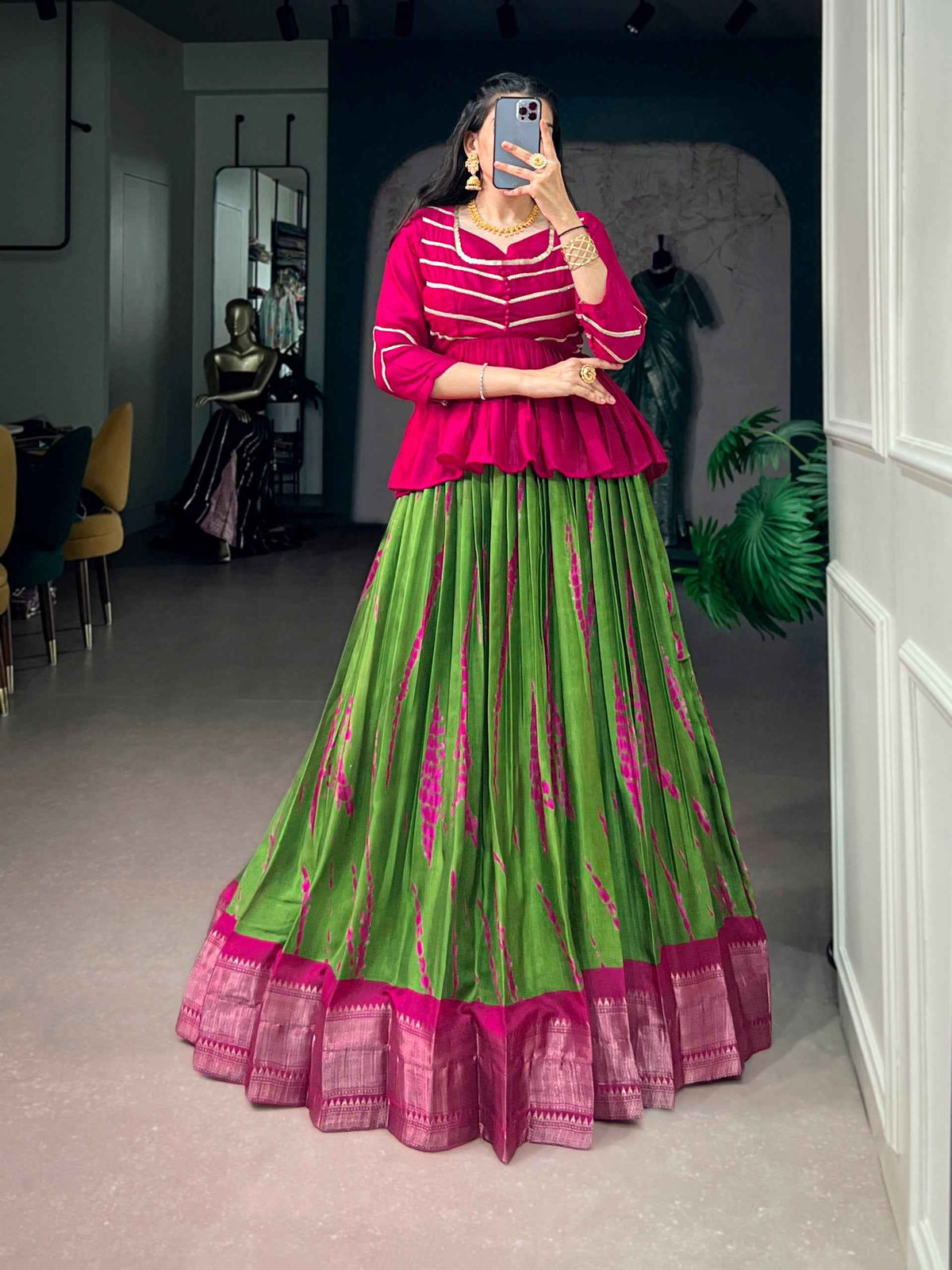 Green Pure Dola Silk Shibori Print South Indian Lehenga Choli