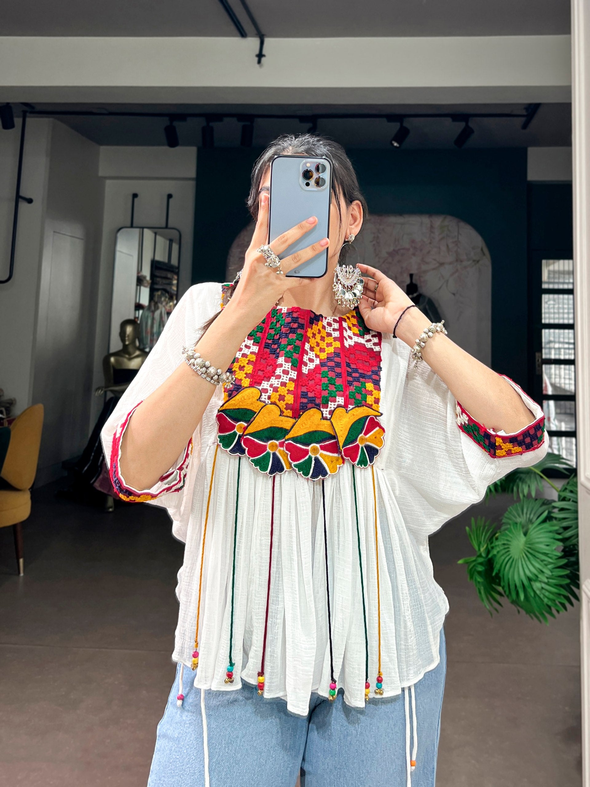 White Pure Handcrafted Mirror & Multicolor Gamthi Work Readymade Kurti With Top