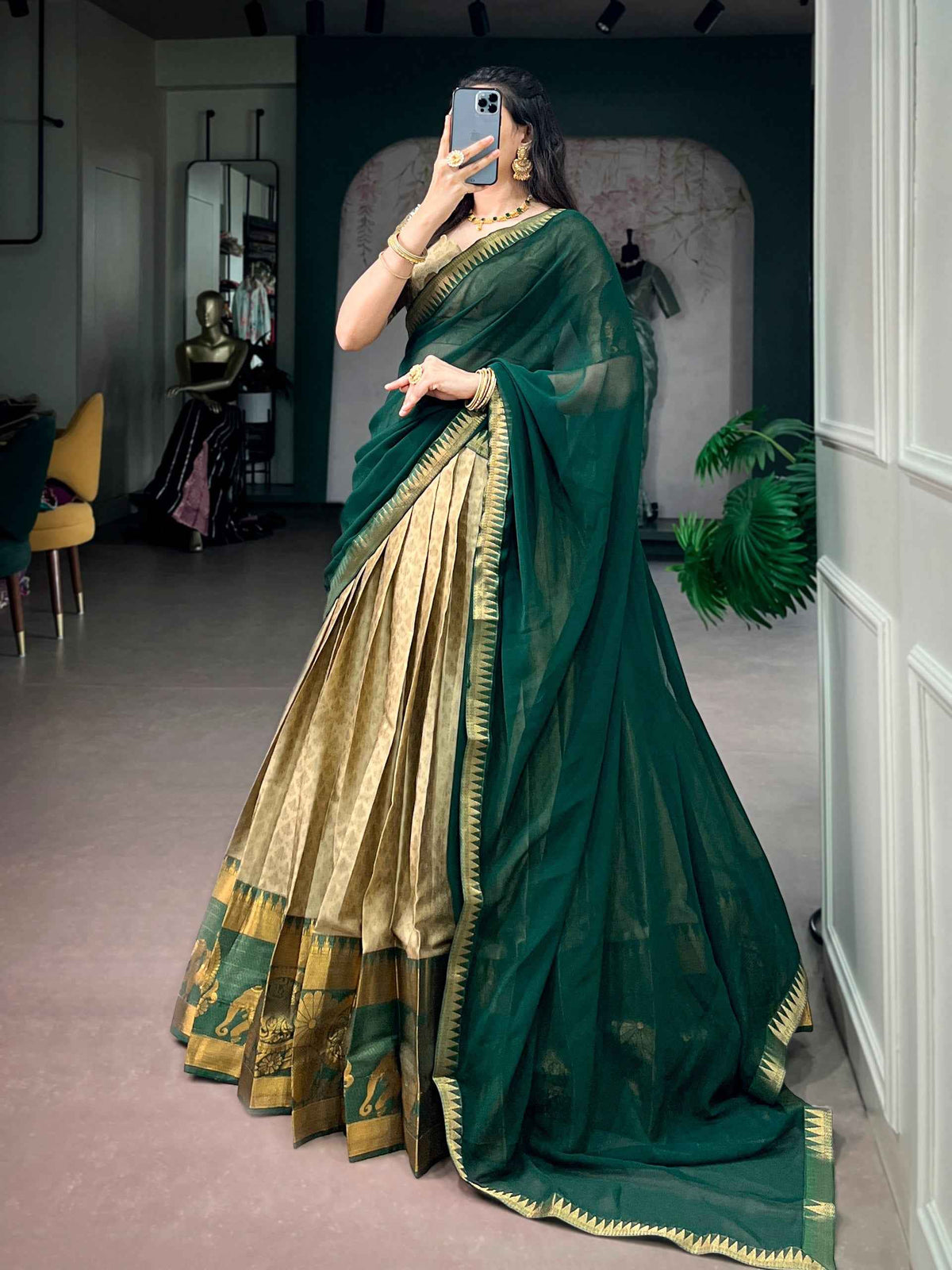 Green Pure Poly Cotton Elegant Zari Weaving Work South Indian Lehenga Choli