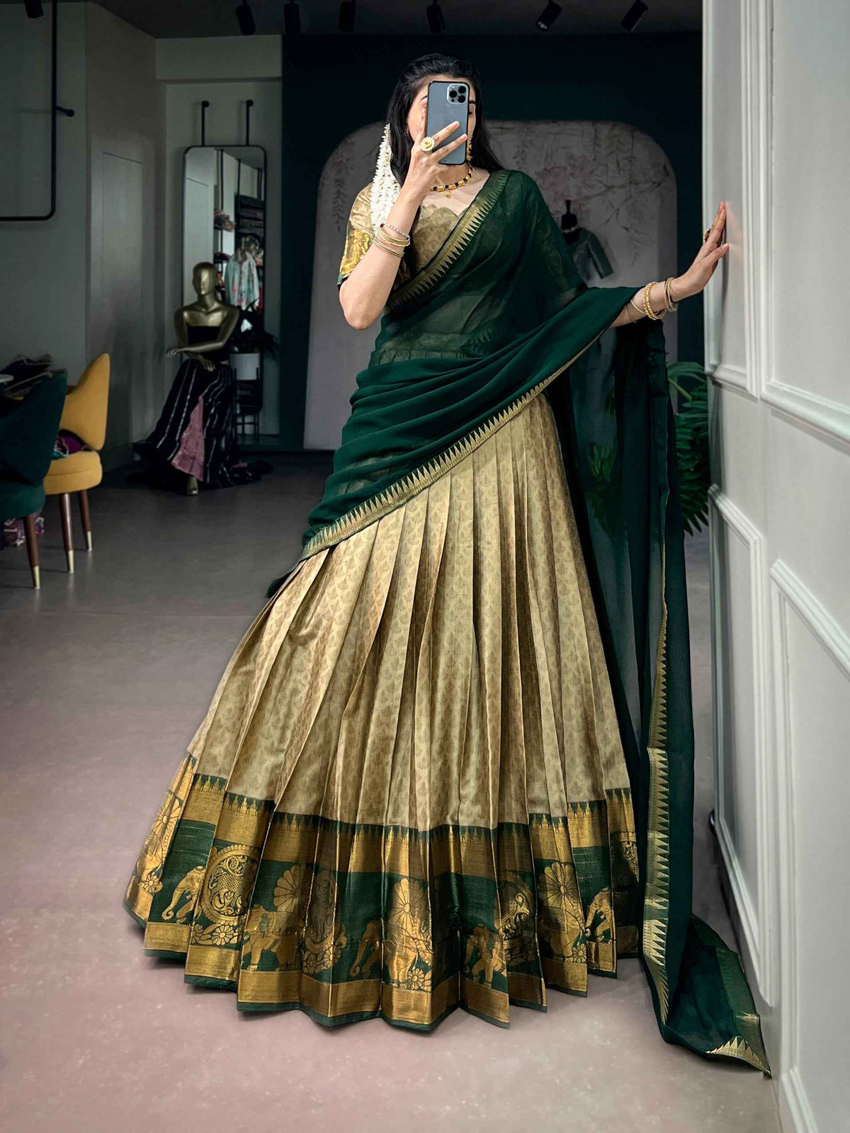 Green Pure Poly Cotton Elegant Zari Weaving Work South Indian Lehenga Choli