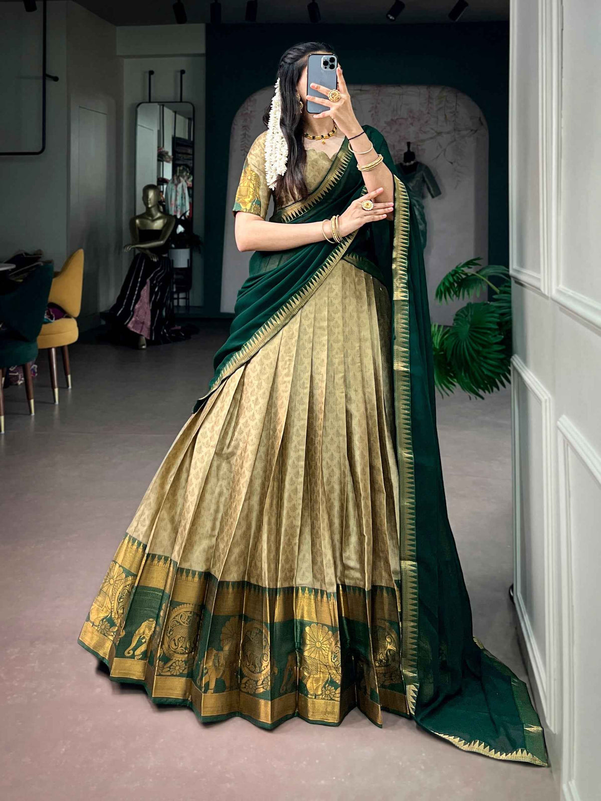 Green Pure Poly Cotton Elegant Zari Weaving Work South Indian Lehenga Choli