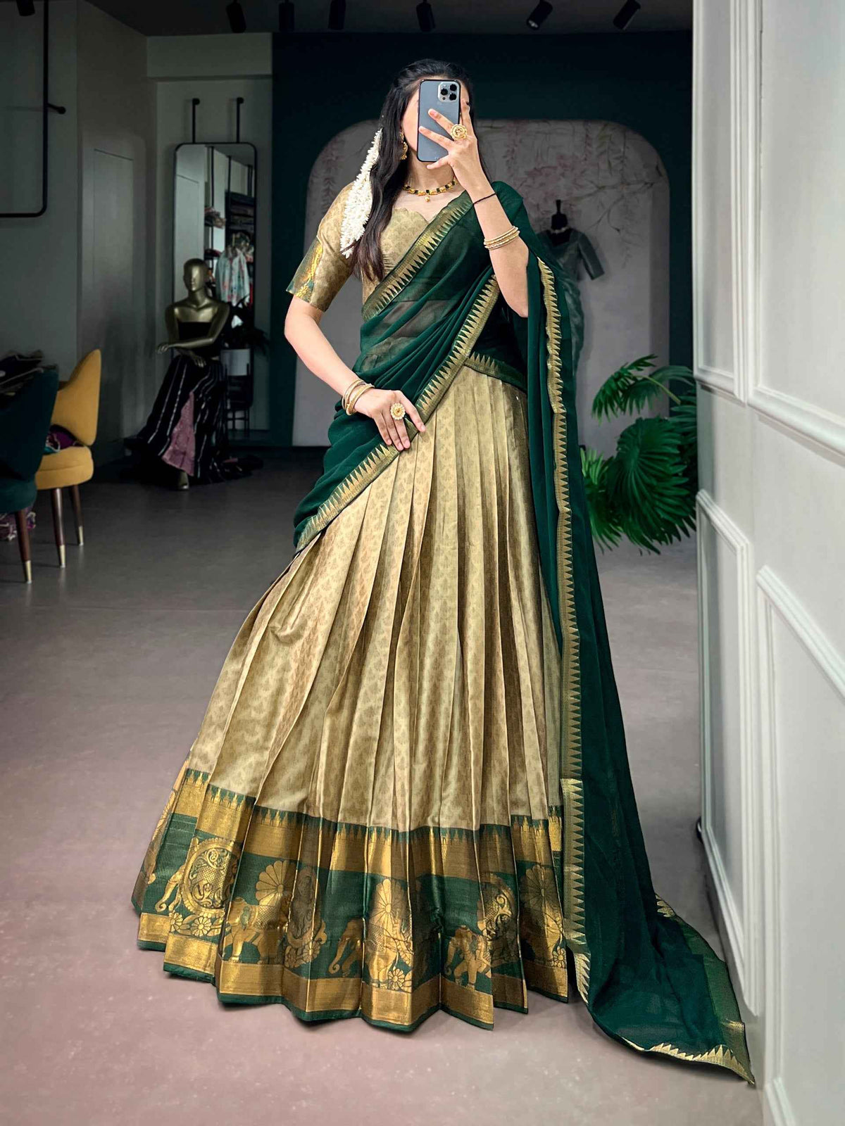 Green Pure Poly Cotton Elegant Zari Weaving Work South Indian Lehenga Choli