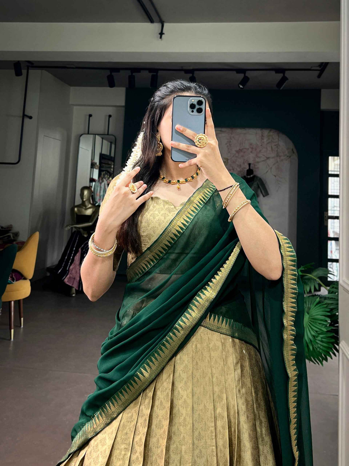 Green Pure Poly Cotton Elegant Zari Weaving Work South Indian Lehenga Choli