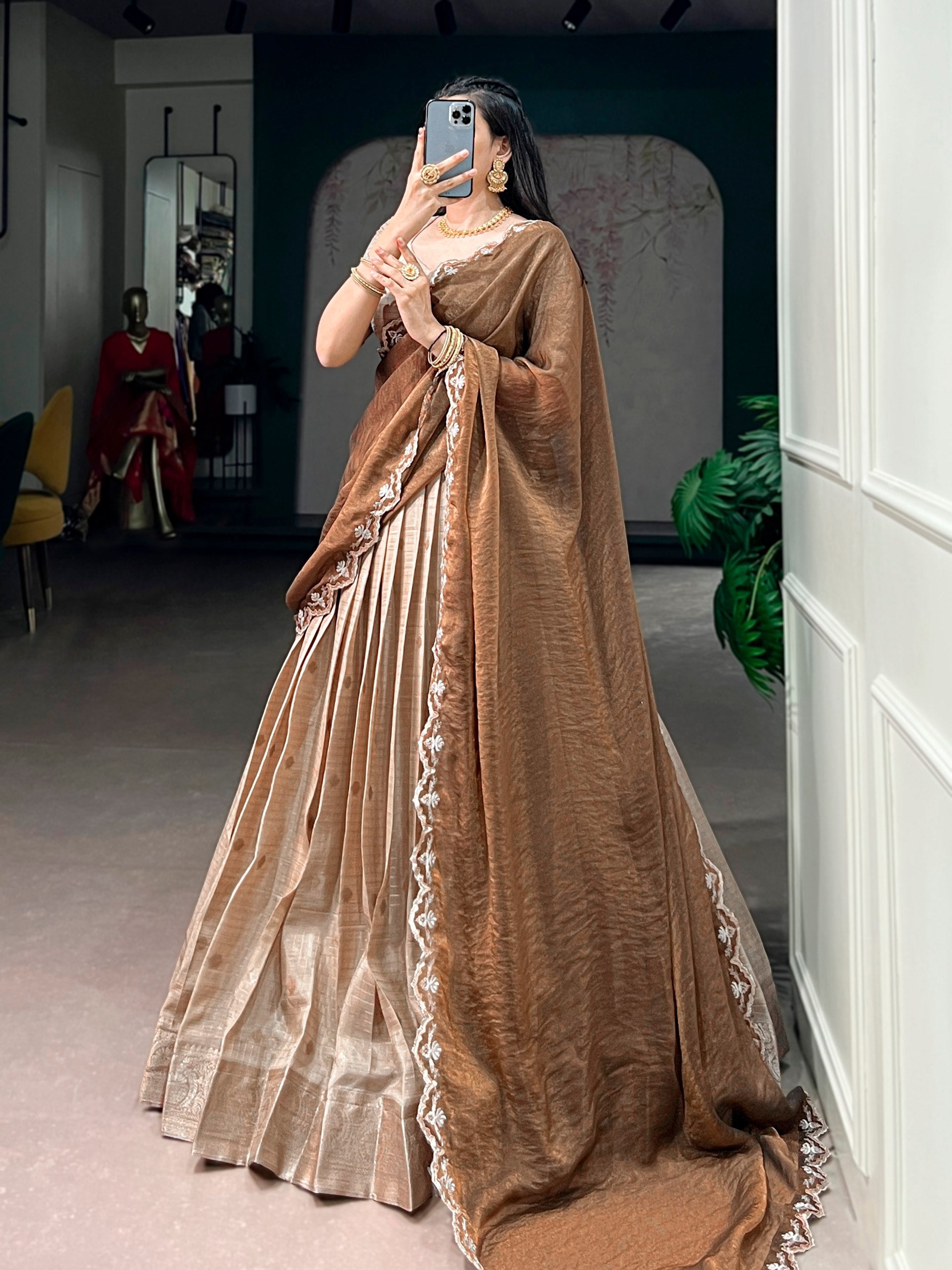 Cream Pure Chinon Silk Elegant Zari Weaving Work South Indian Lehenga Choli
