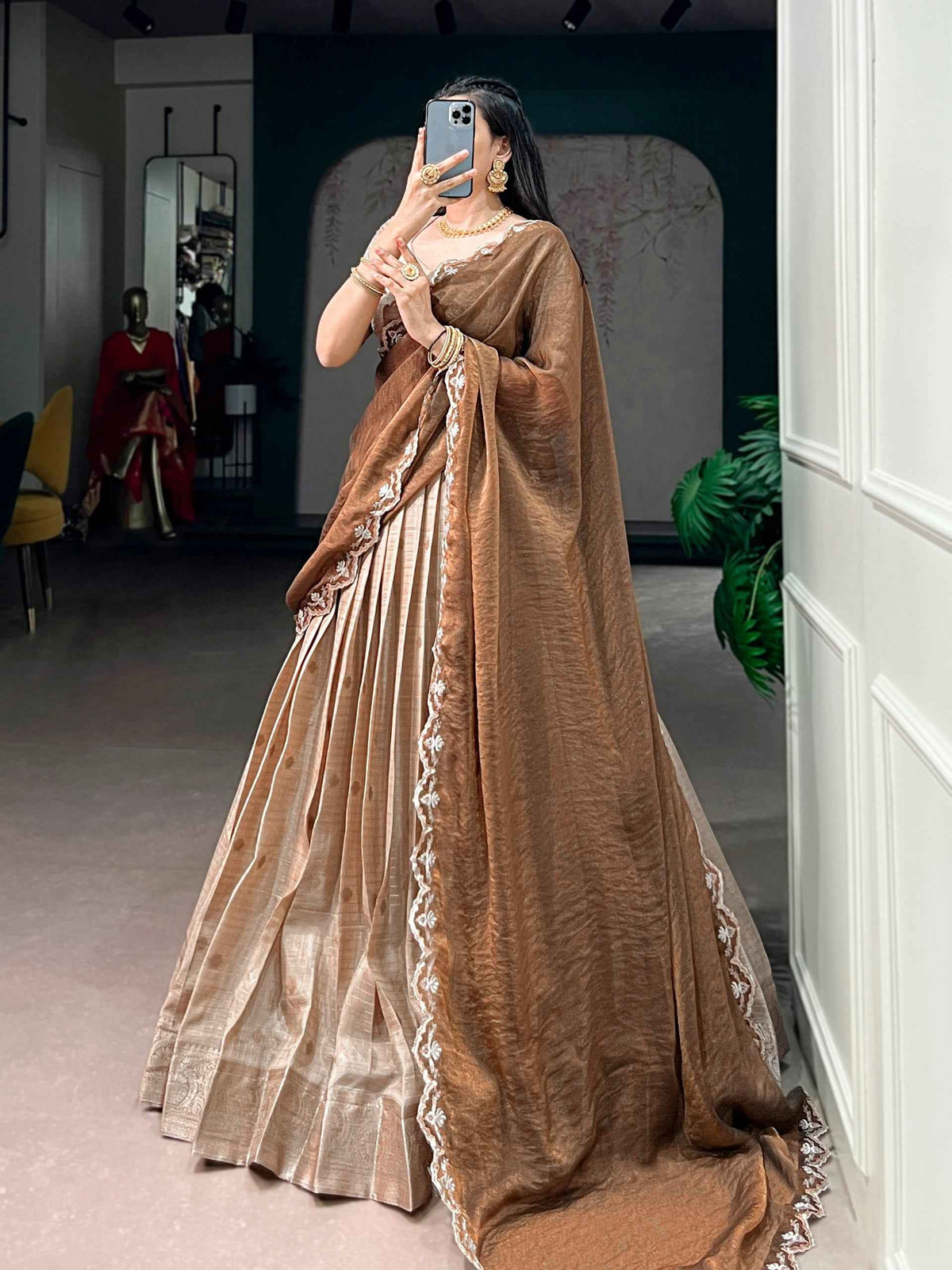 Cream Pure Chinon Silk Elegant Zari Weaving Work South Indian Lehenga Choli