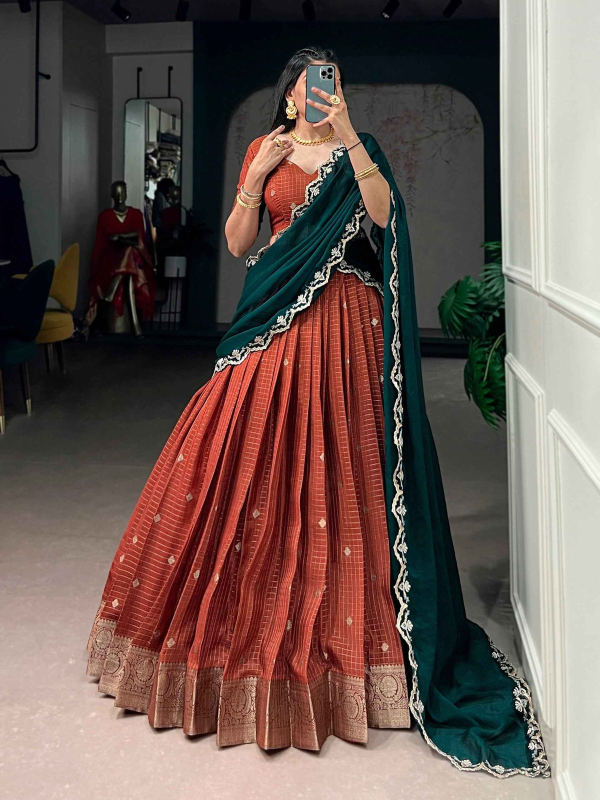 Orange Pure Chinon Silk Elegant Zari Weaving Work South Indian Lehenga Choli
